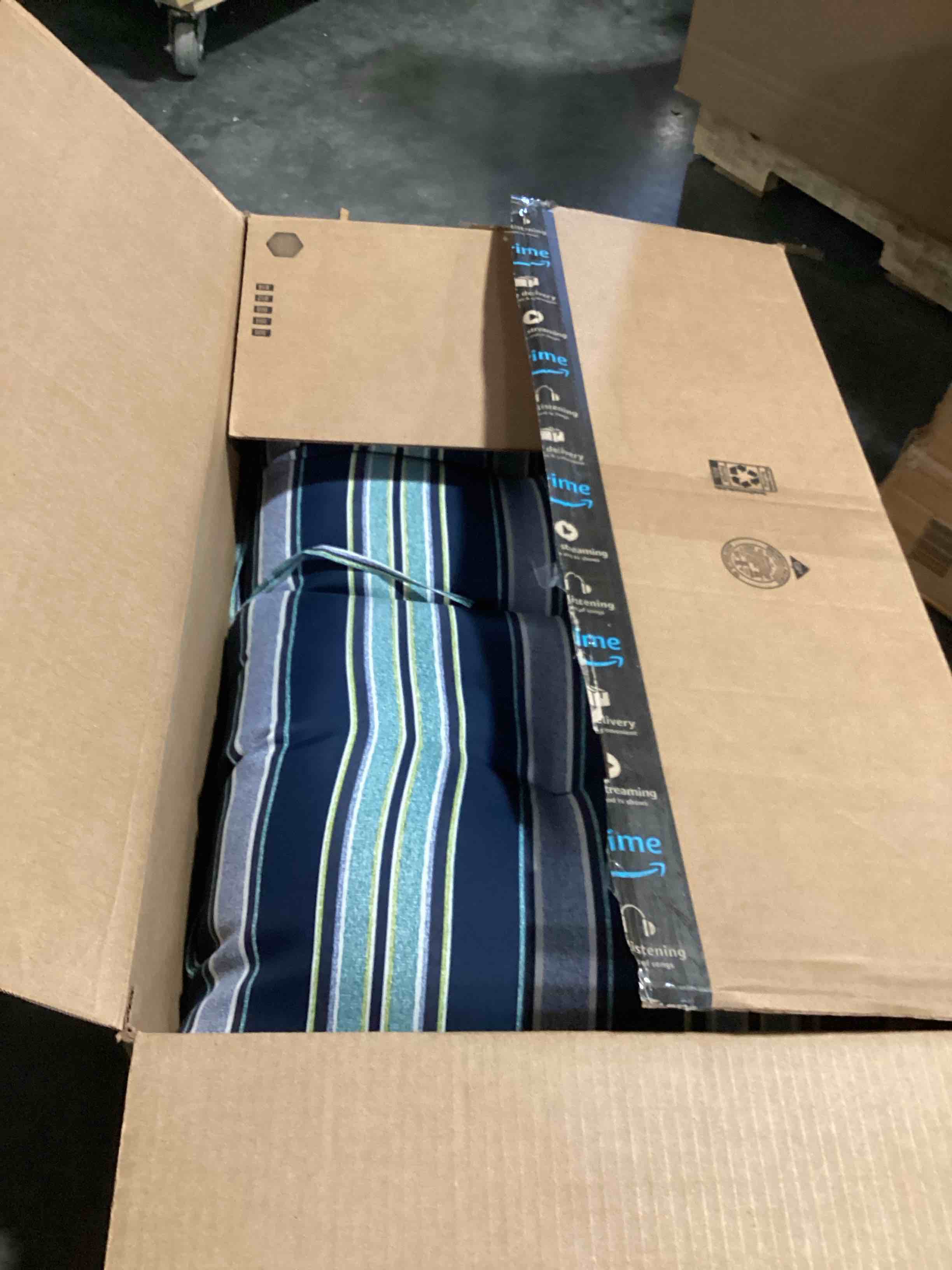 Condition photo showing New/Like New for arden outdoor plush modern tufted blowfill dining chair cushion, 21 x 40, rain-proof, fade resistant, tufted cushion for dining and bistro chairs sapphire aurora blue stripe modern sapphire aurora blue stripe