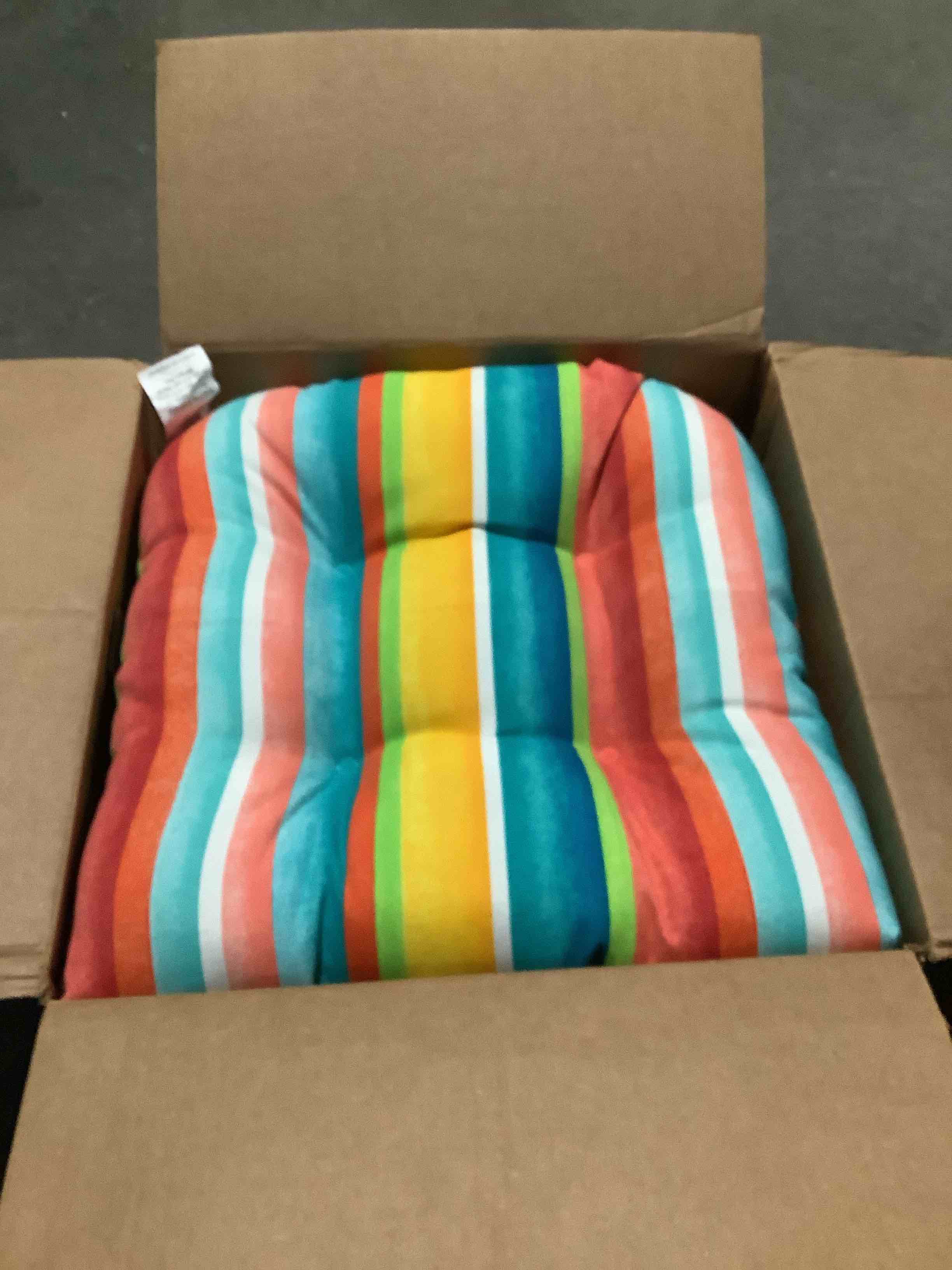 Condition photo showing New/Like New for different color way please see big fat pictures pillow perfect stripe indoor/outdoor chair seat cushion, tufted, weather, and fade resistant, 19" x 19", red/brown westport, 2 count 19" x 19" red/brown westport