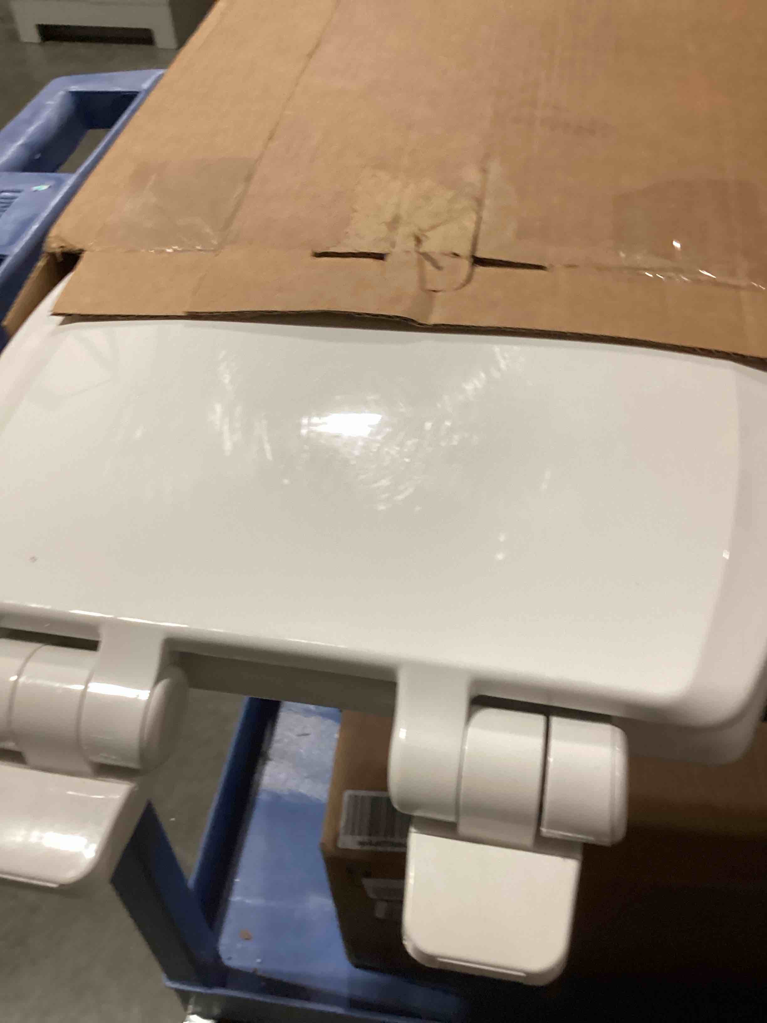 Condition photo showing As Is for centoco elongated toilet seat, heavy-duty wood core with plastic scratch-resistant finish, soft close, made in the usa, 900sc-001, white