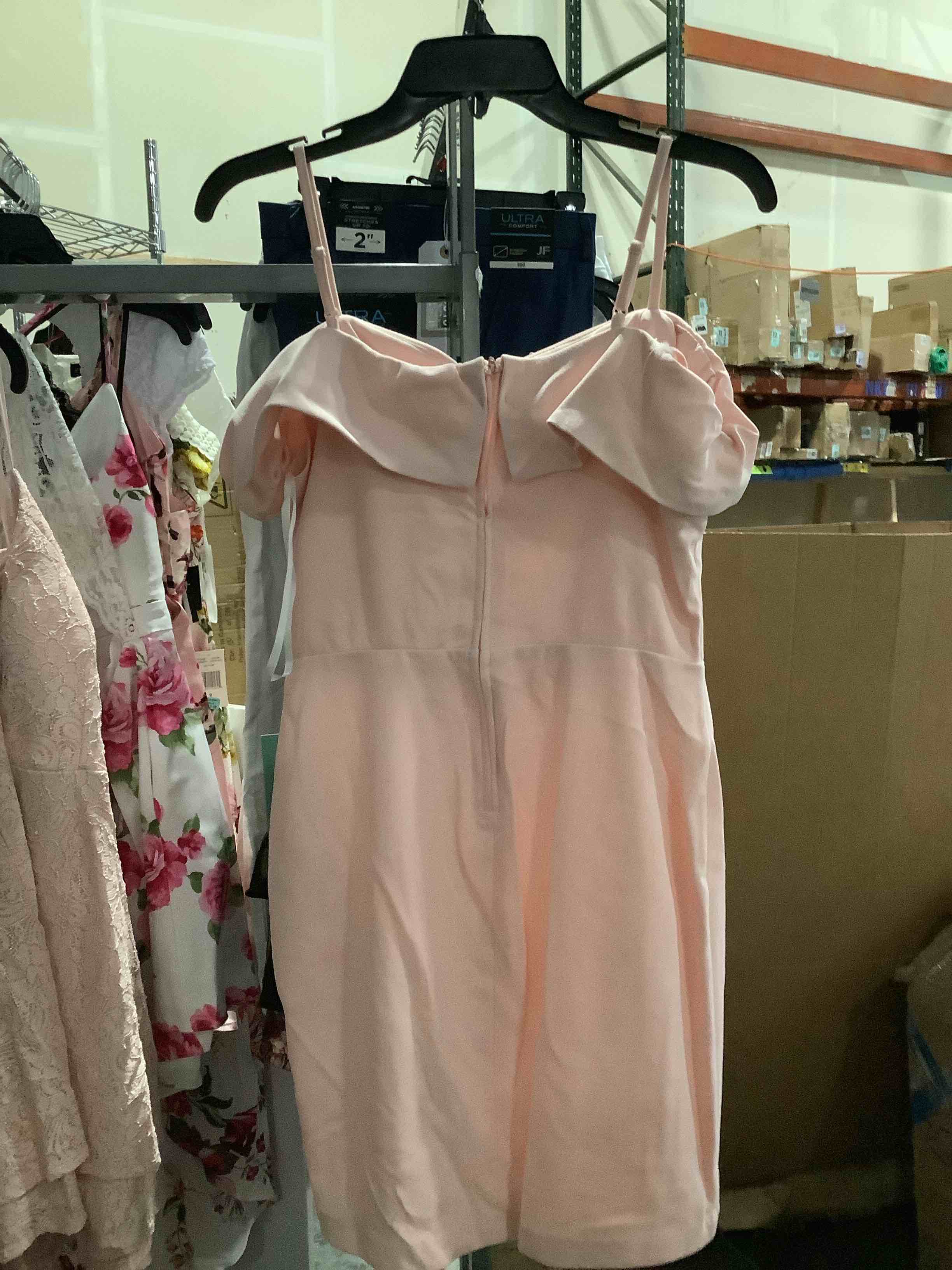 Condition photo showing New/Like New for speechless juniors off shoulder, body con, mini dress, blush, pink size 11