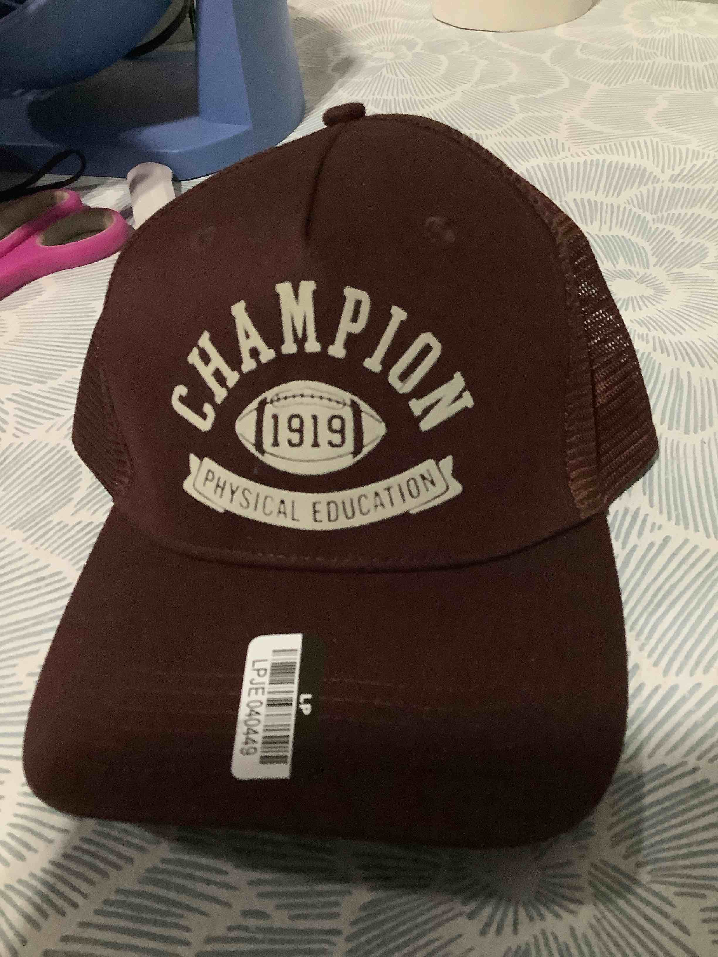 Condition photo showing New/Like New for champion physical education, 1919 maroon match trucker hat, adjustable baseball, cap osfa