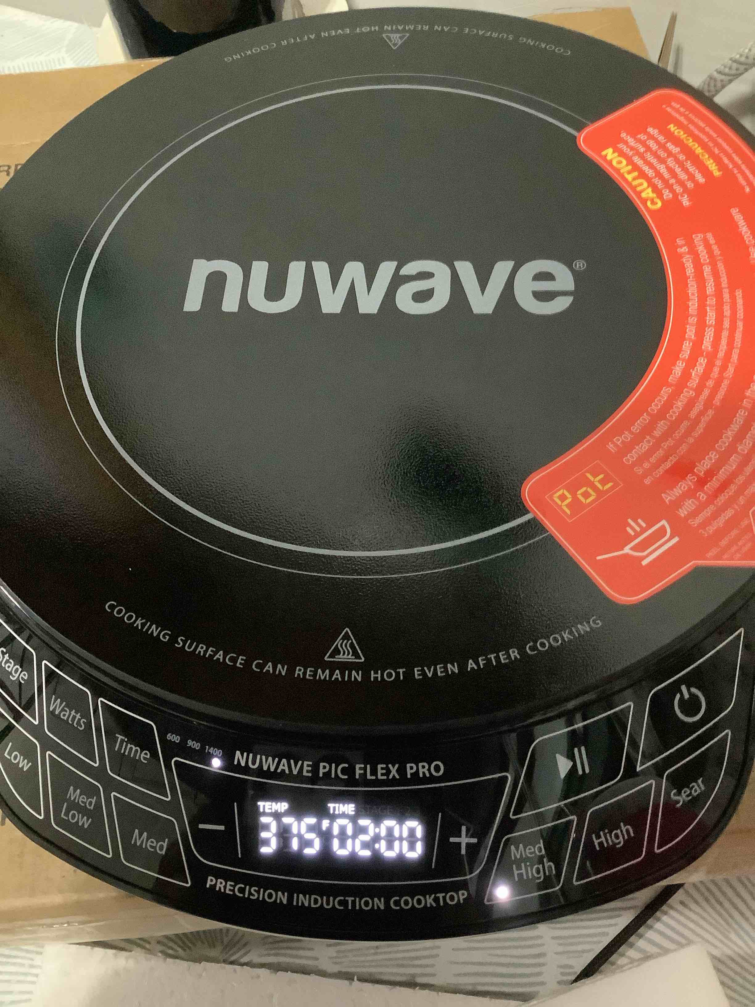 Condition photo showing New/Like New for similar product, please see bid fta photos nuwave flex precision induction cooktop, 10.25” shatter-proof ceramic glass, 6.5” heating coil, 45 temps from 100°f to 500°f, 3 wattage settings 600, 900 & 1300 watts, black pic flex