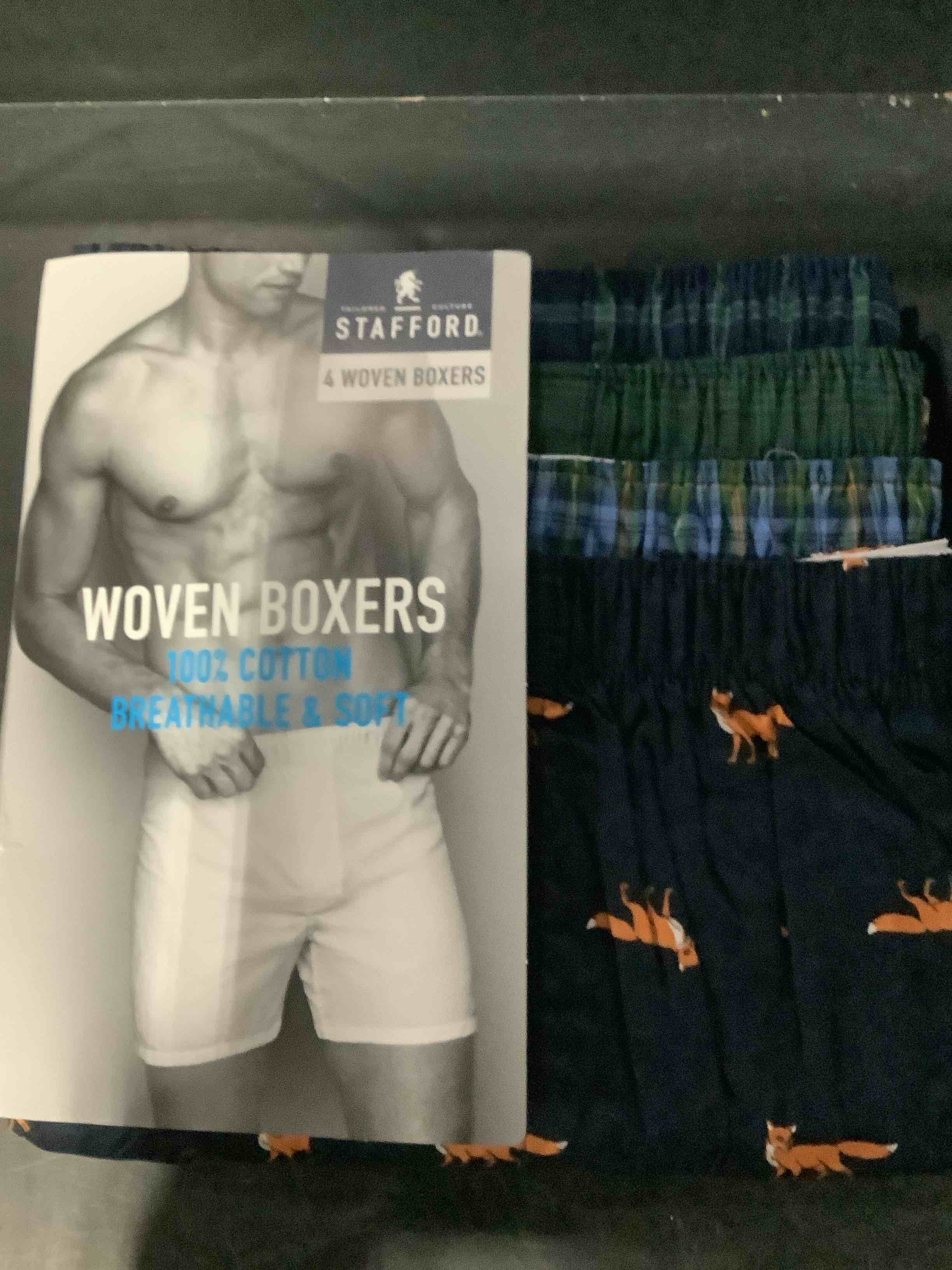 Condition photo showing New/Like New for stafford men’s four pack women boxers 100% cotton fox print blue green size small 28 to 30