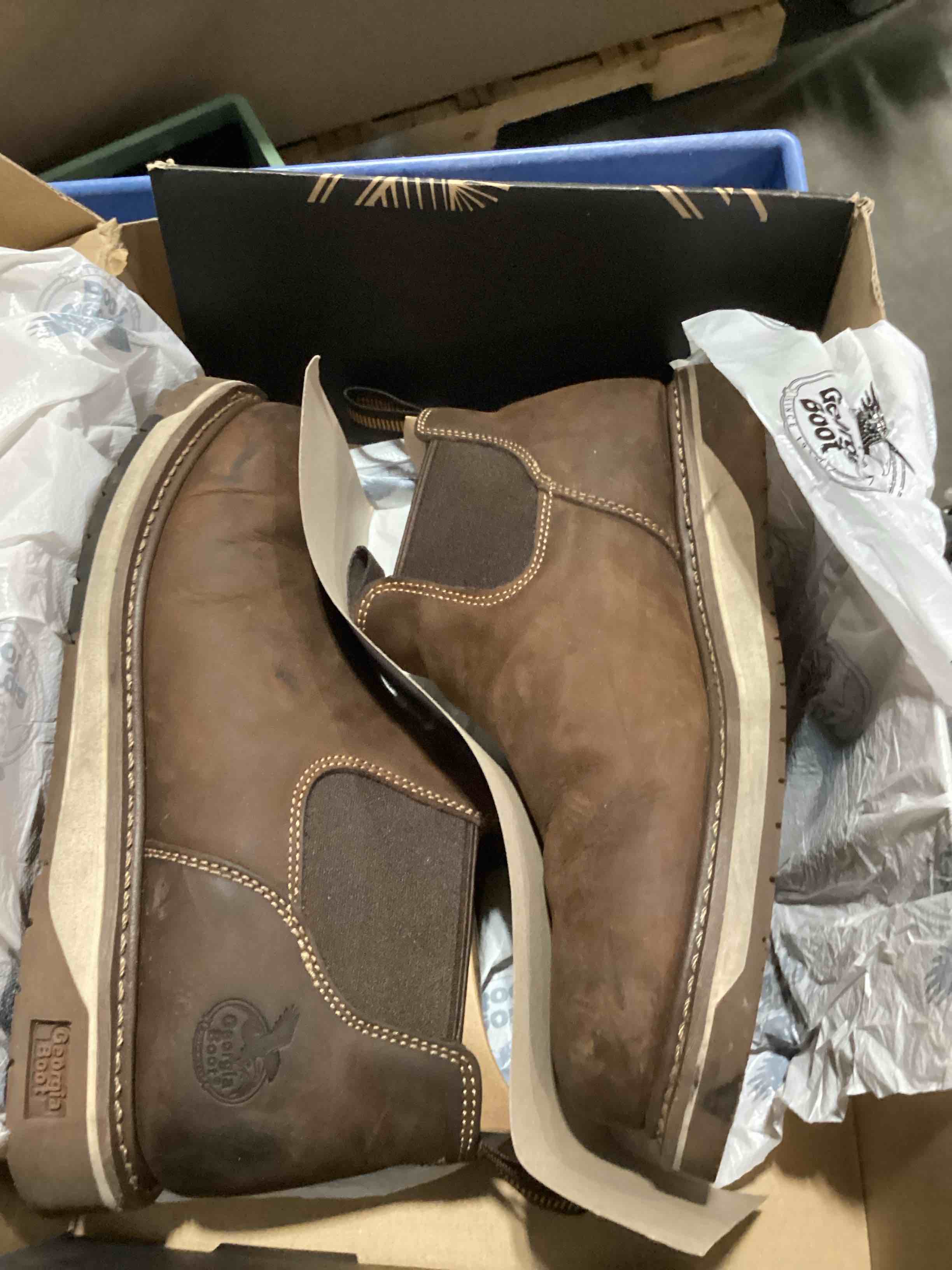 Condition photo showing As Is for georgia boot amp lt wedge work romeo, brown, size 10.5(w)