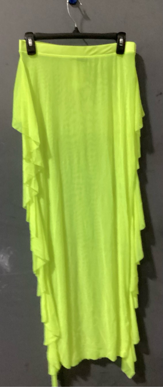 Condition photo showing New/Like New for sheer skirt, bathing suit cover up with down side, neon, yellowish green