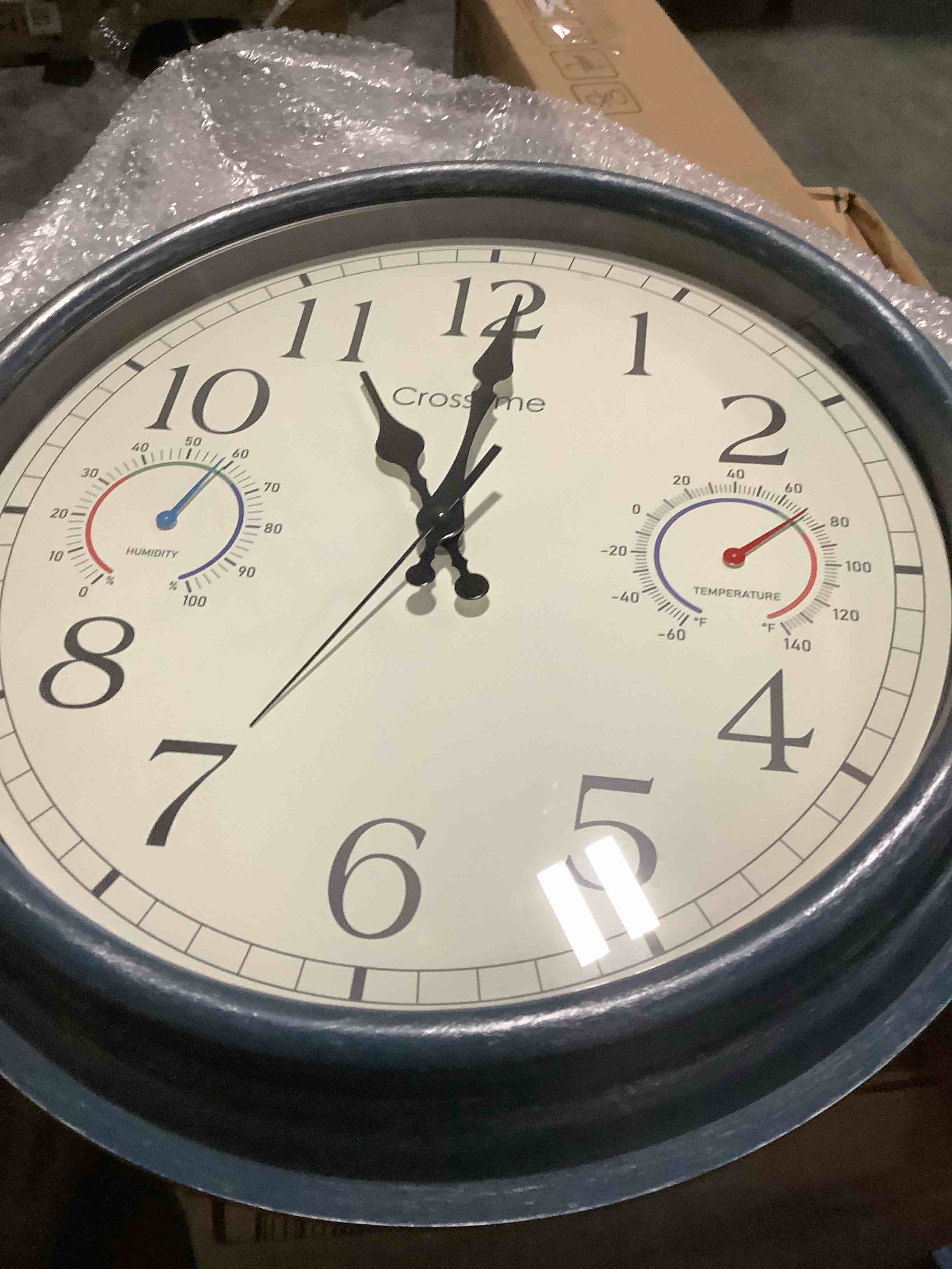 Condition photo showing As Is for crosstime 16 inch large outdoor clock waterproof with thermometer & hygrometer combo, coastal retro wall clock for patio, pool, garden, backyard decor, blue 16" blue