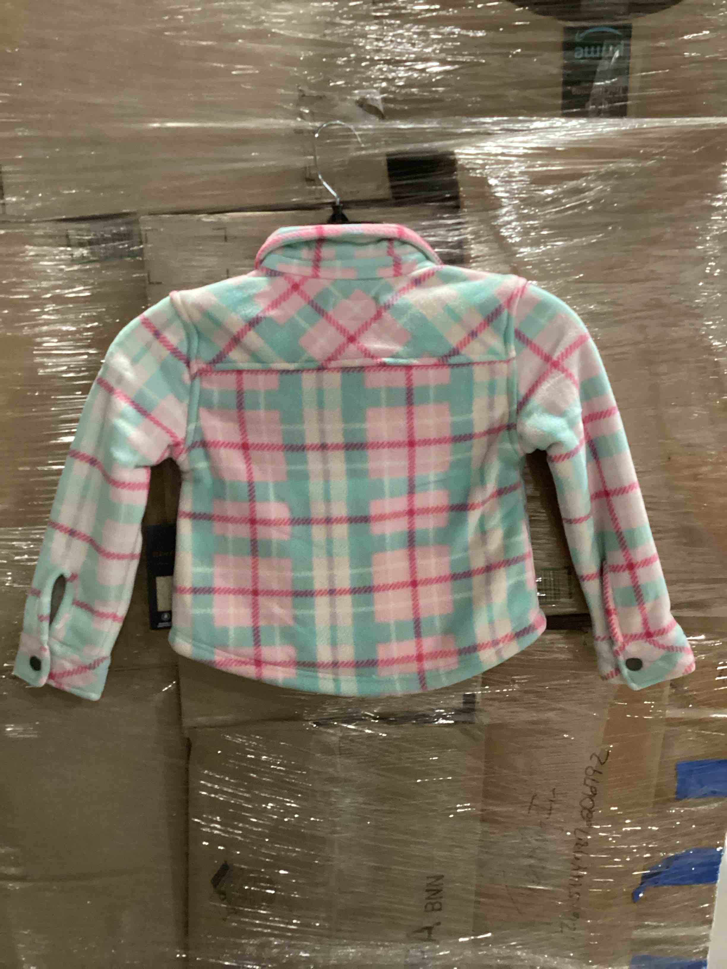 Condition photo showing New/Like New for weatherproof vintage toddler, sherpa lined plaid shack, jacket, pink blue snap front size 6