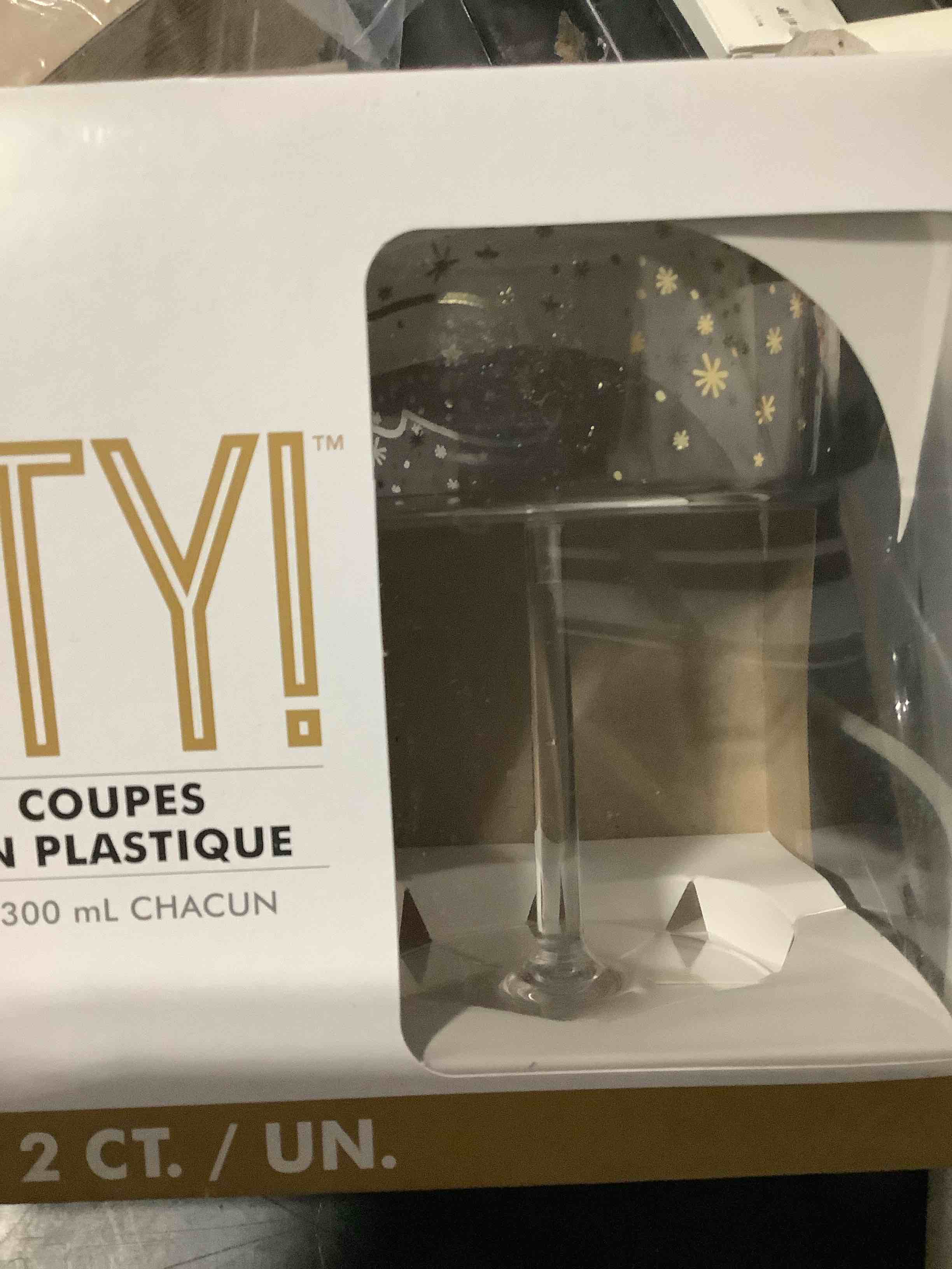 Condition photo showing New/Like New for unique disco new year clear plastic champagne coupe glasses (7.75" x 5.5") 2 count - perfect for celebrations, parties, and special occasions