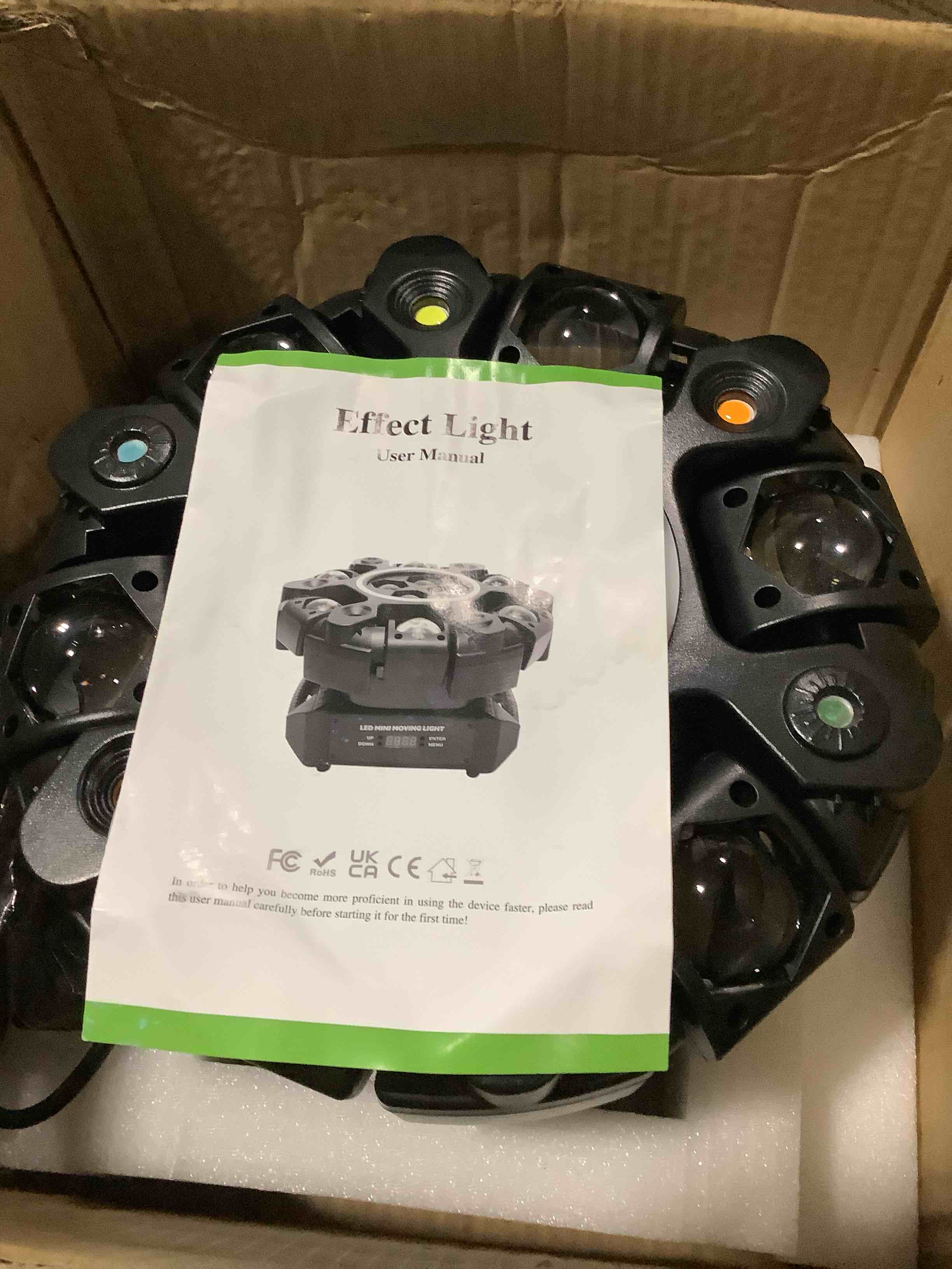 Condition photo showing Good Condition for 150 w led mini moving heads to each light with rgb ring dmx auto and sound active tested