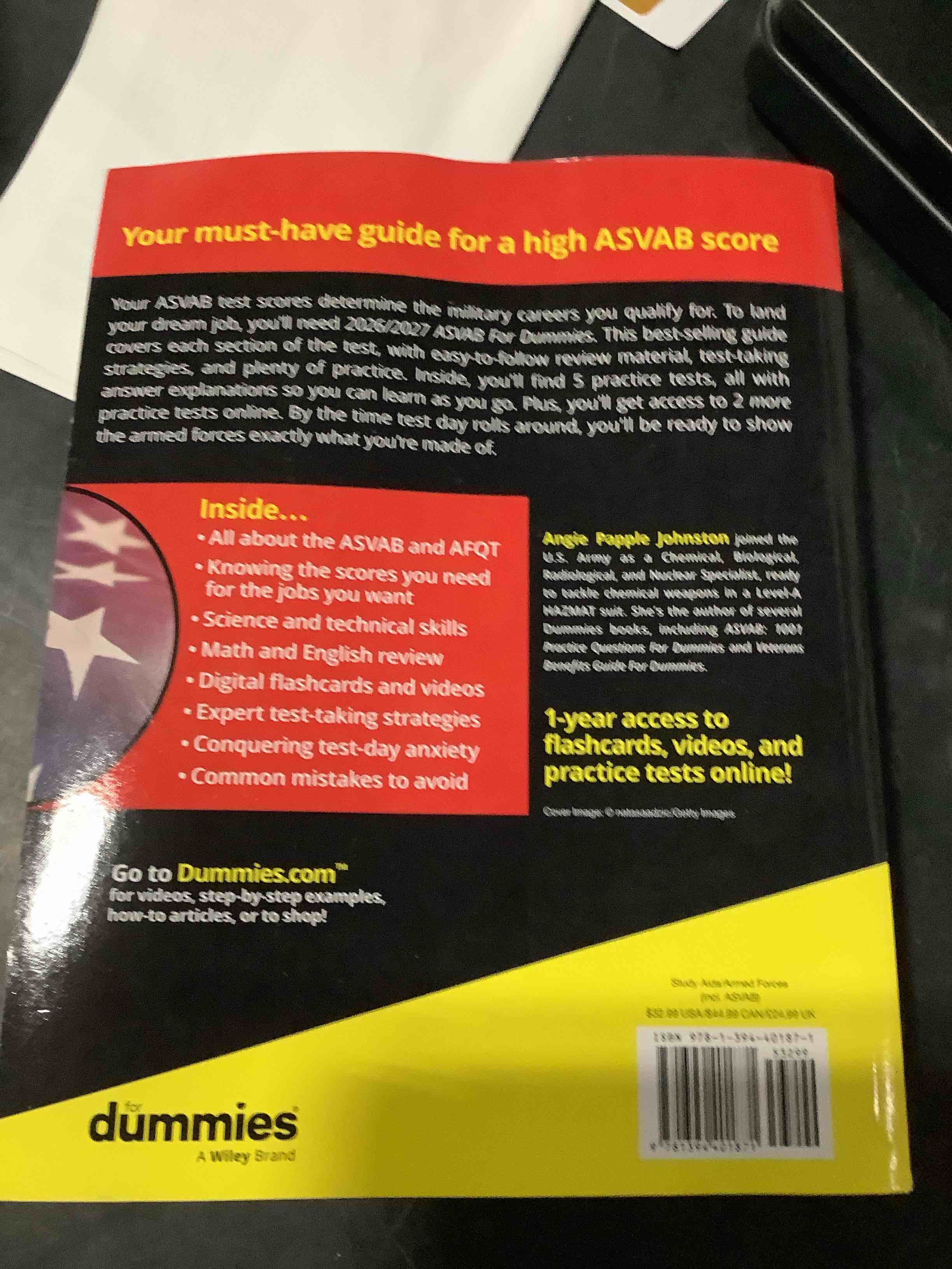 Condition photo showing Good Condition for 2026/2027 asvab for dummies (+ 7 practice tests, flashcards, & videos online) - 15th edition by angie papple johnston (paperback)