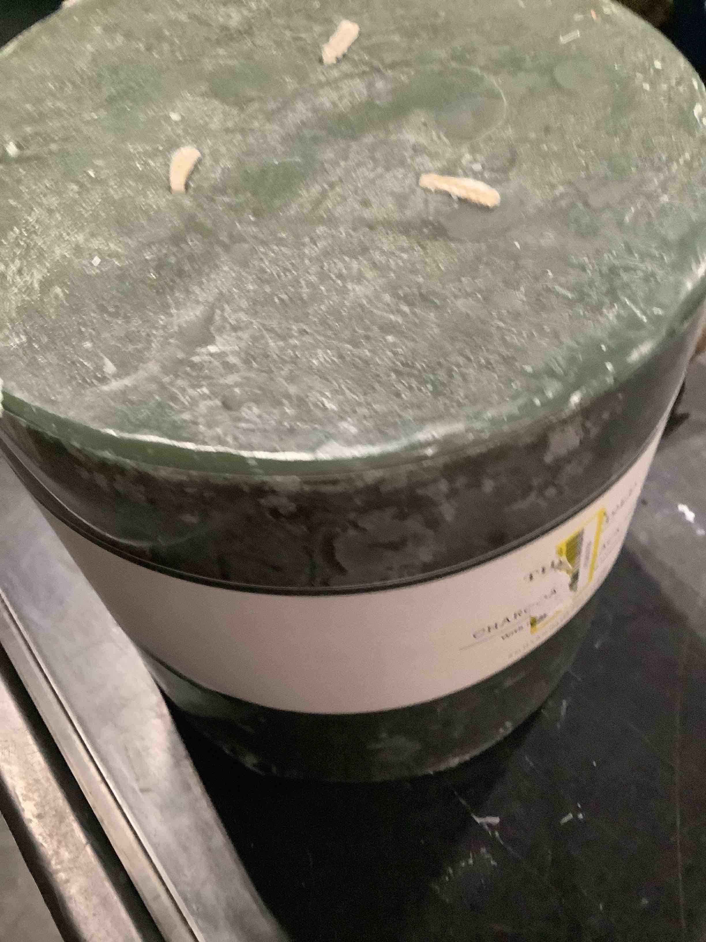 Condition photo showing New/Like New for 3-wick 6"x6" pillar candle charcoal and black teak - threshold™: long burn time, home ambiance