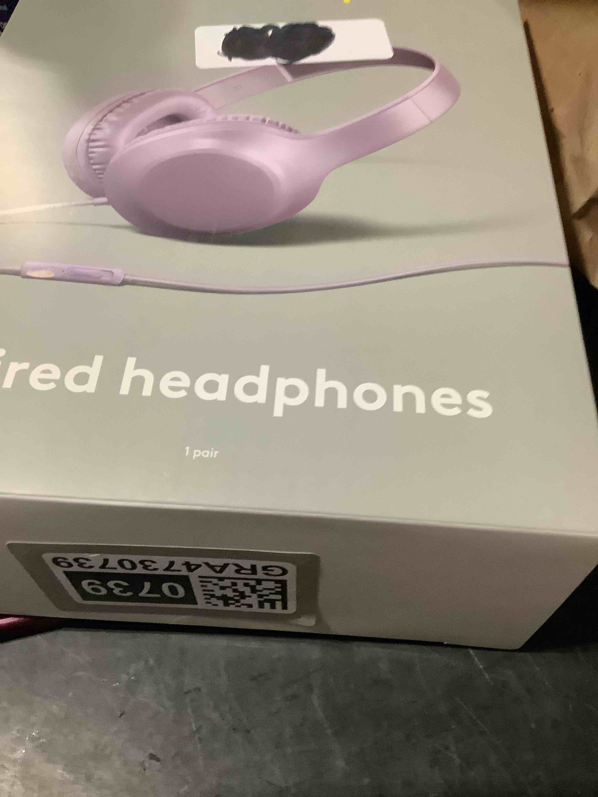 Condition photo showing New/Like New for wired on-ear headphones - heyday™ soft purple: 3.5mm jack, built-in microphone