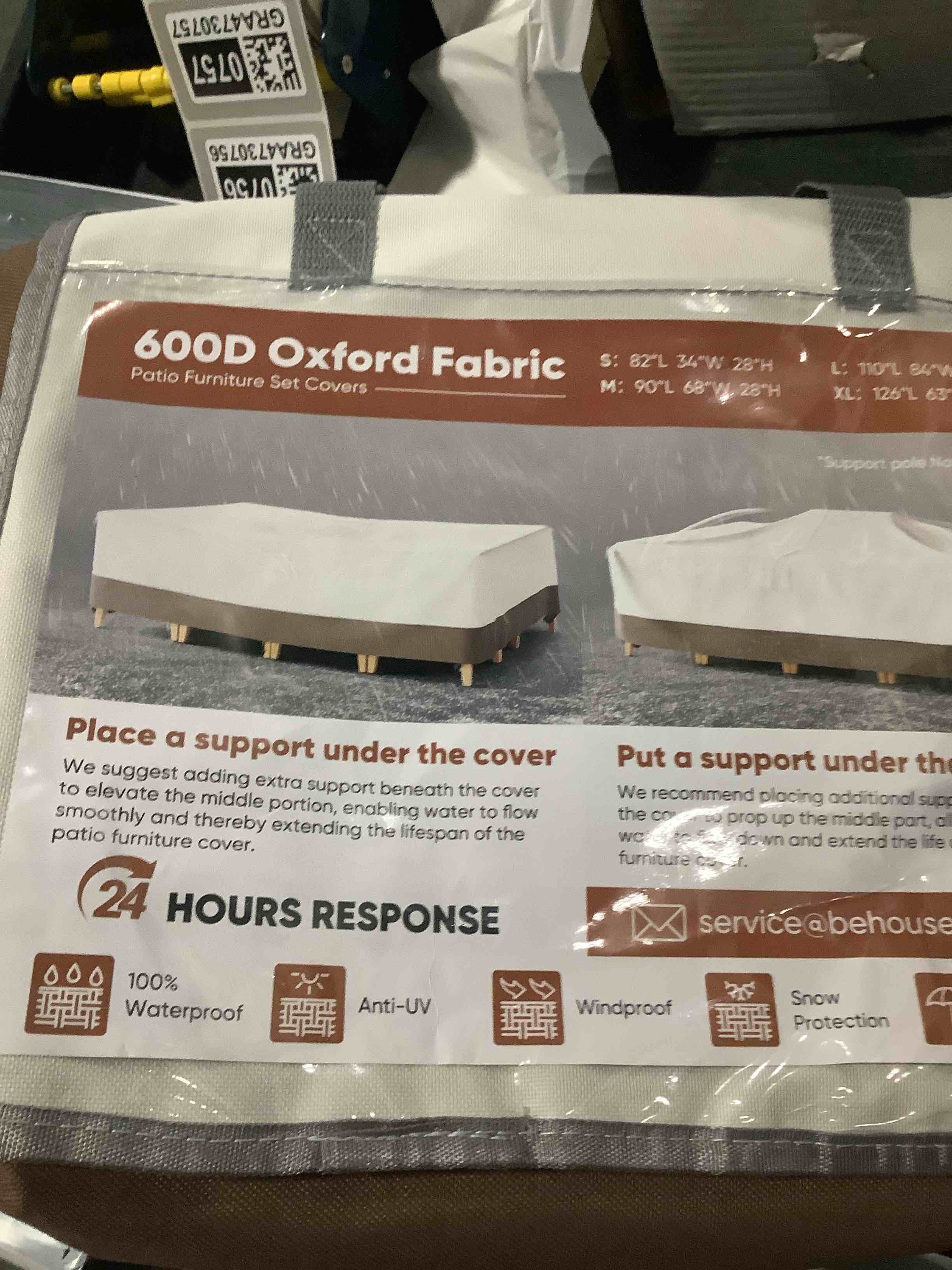 Condition photo showing New/Like New for similar product dimensions are 82 x 34 x 28 amazon basics outdoor patio furniture table and chair cover waterproof, anti-uv, durable, large, beige/tan, 110"x84"