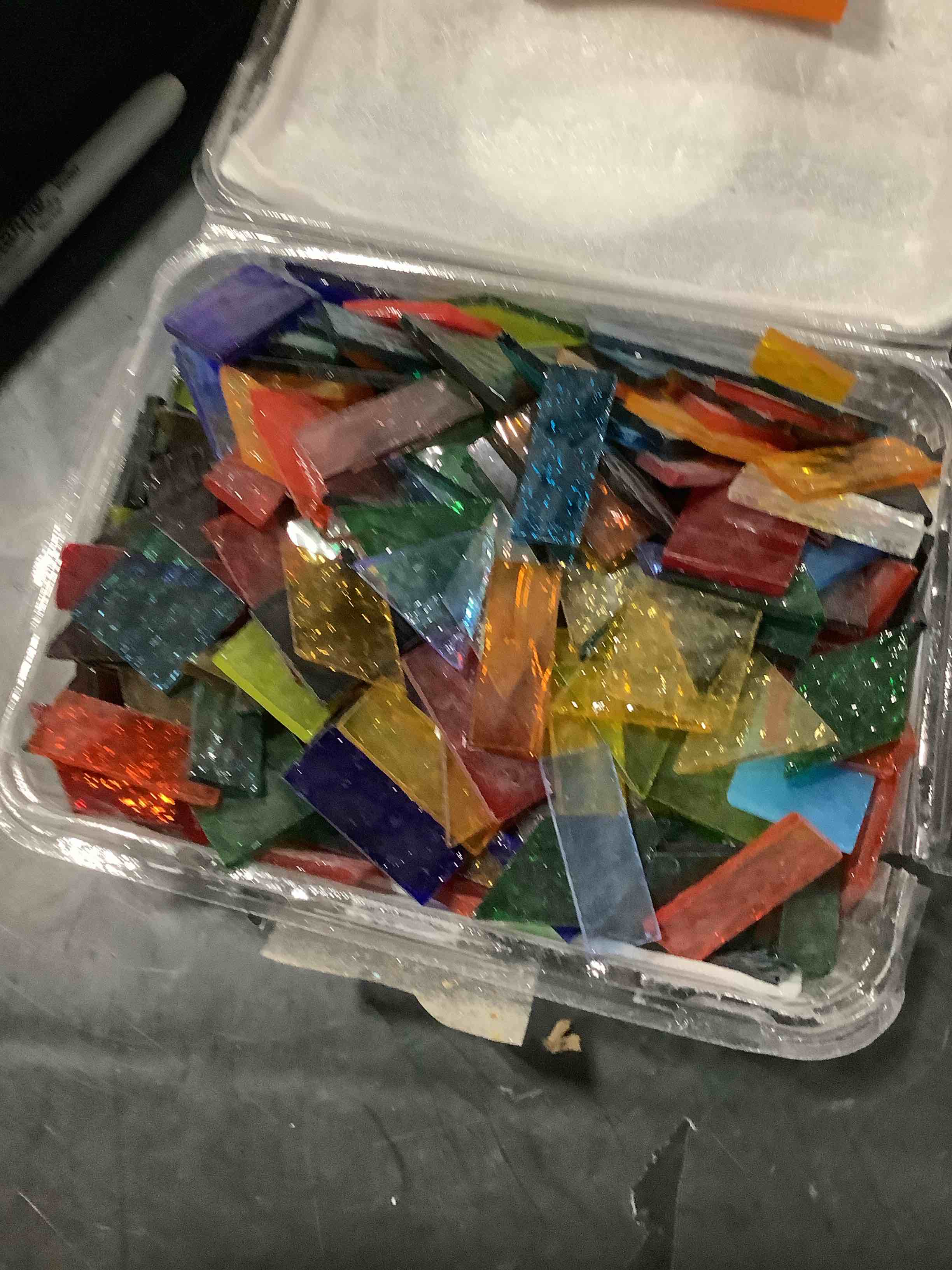 Condition photo showing Good Condition for 410 large transparent stained glass mosaic tiles, vibrant mixed shapes for art & crafts, cathedral colorful glass pieces, 1.2 pounds