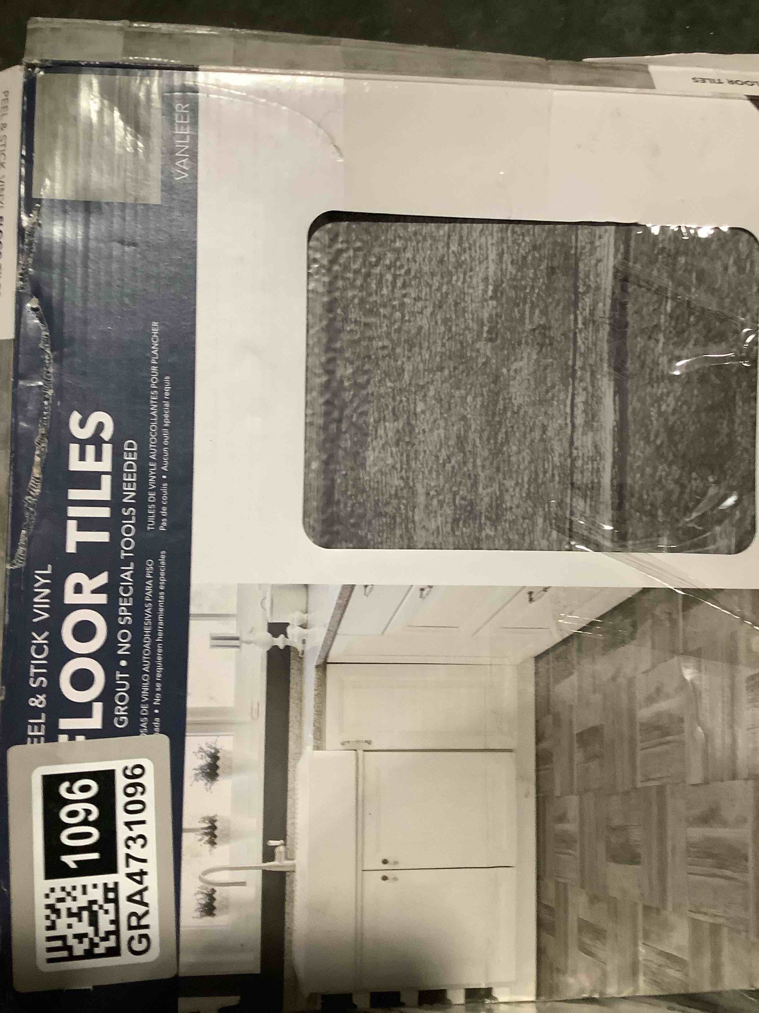 Condition photo showing Good Condition for floorpops vanleer peel and stick floor tiles, grey, wood-look vinyl floor tiles, water resistant, 12 in x 12 in, pack of 10 12"l x 12"w x 0.06"t