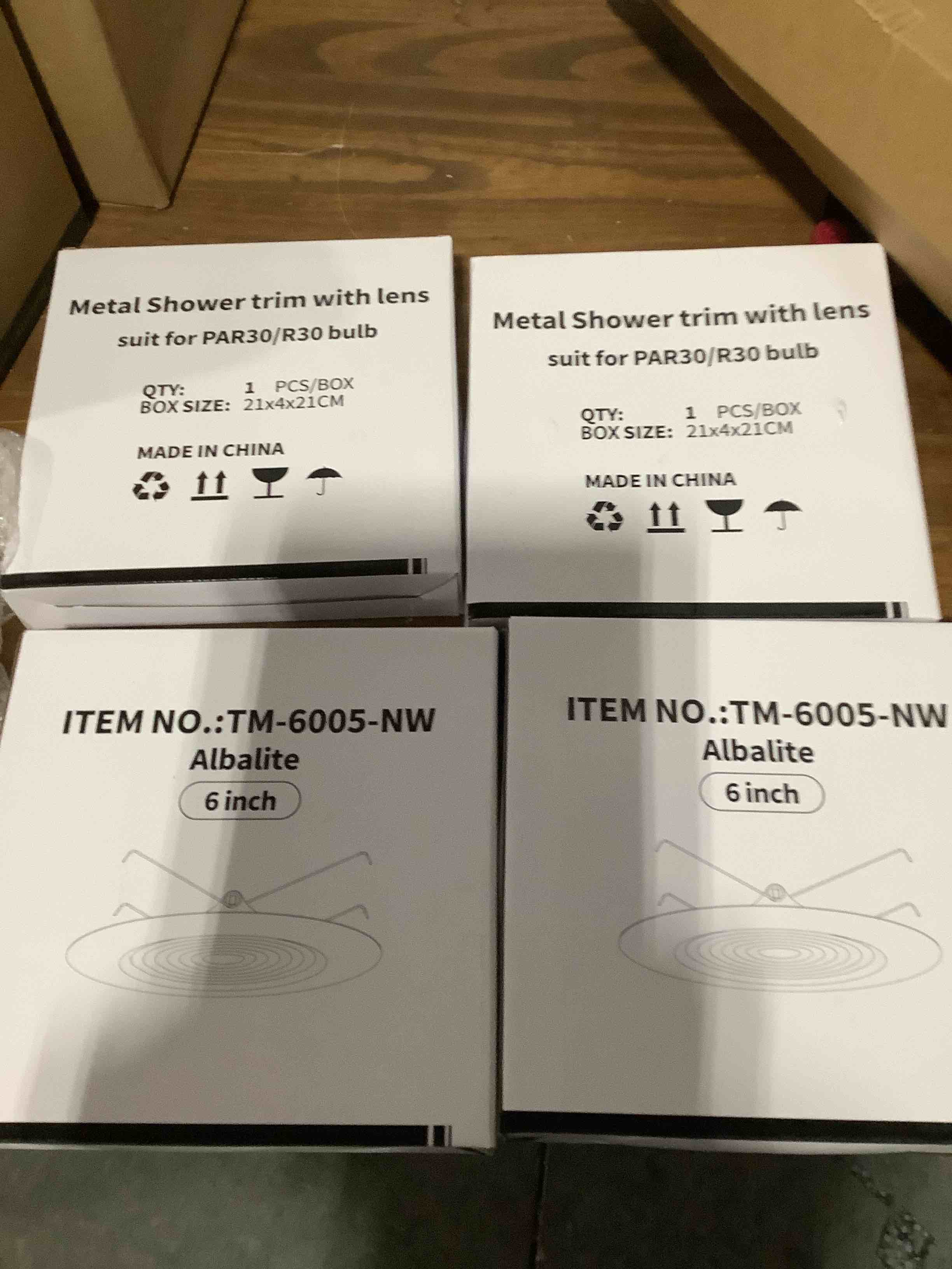 Condition photo showing Good Condition for 4 Pcs 6 Inch Shower Trim for Recessed Light Cover with Albalite Lens White Ceiling Light Cover Replacement Waterproof for Shower Bathroom Lights Wet Locations