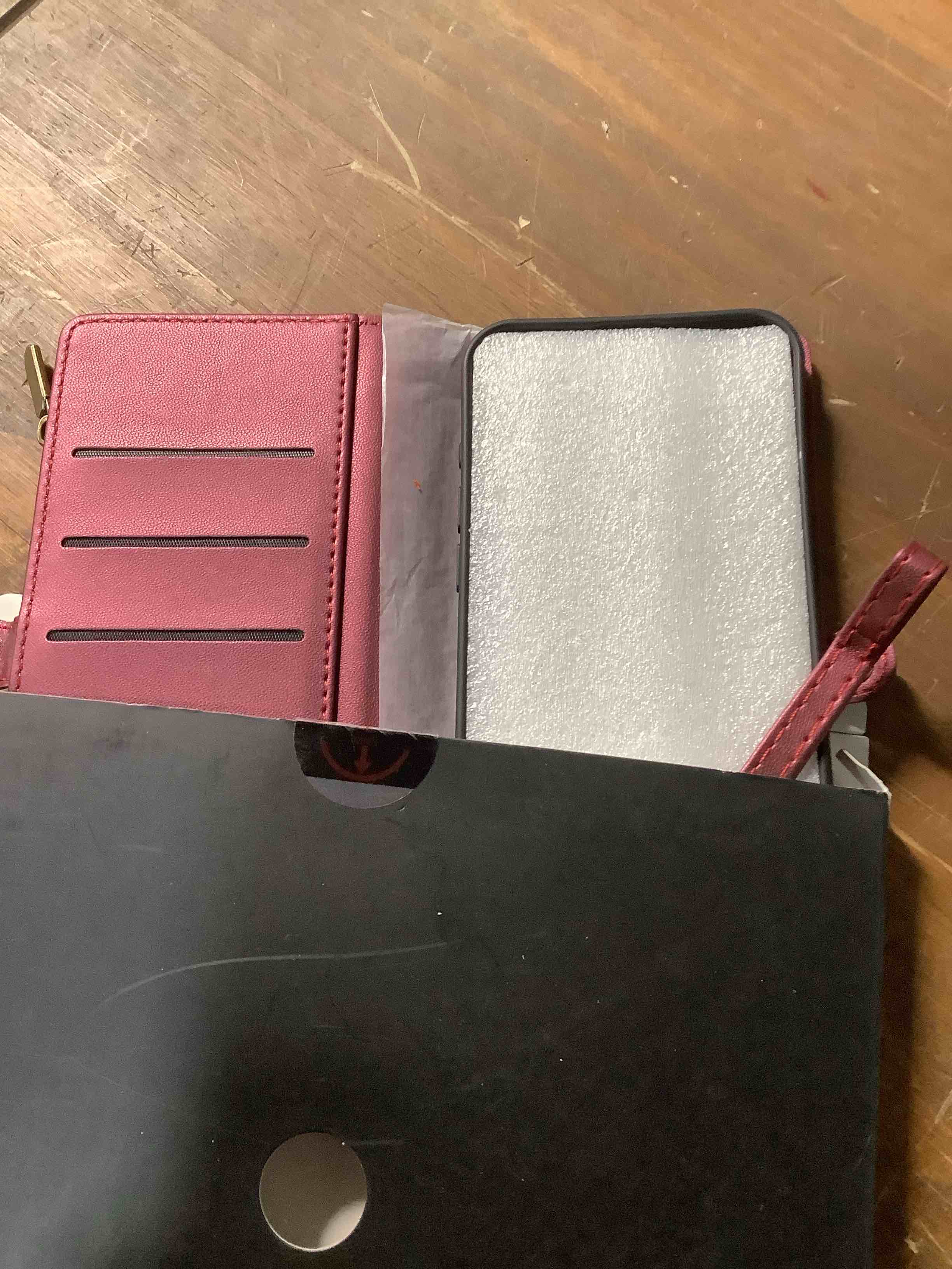 Condition photo showing Good Condition for Defencase Compatible with iPhone 15 Pro Max Case Wallet with RFID Blocking Card Holder for Women Men, PU Leather Magnetic Snap Flip Zipper Strap Wallet Phone Case Fit for iPhone 15 Pro Max, Wine Red iPhone 15 Pro Max (6.7'' triple cameras) Wine Red