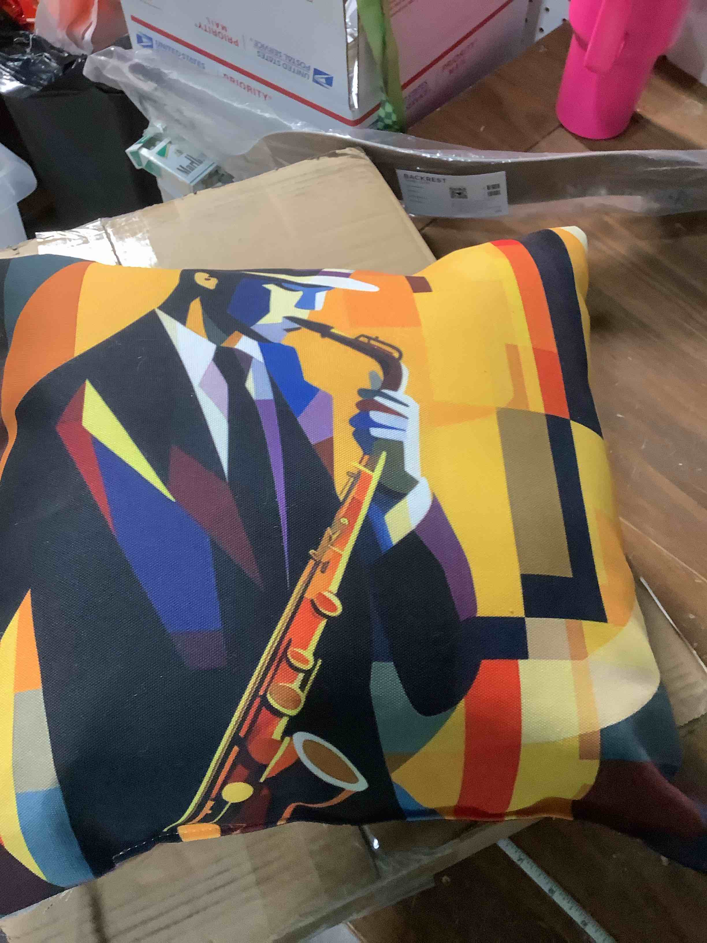 Condition photo showing Good Condition for Roaring 20's Art Deco Glamor Style Vintage 1920's Aesthetic Art Deco Glamor Jazz Musician Sax Throw Pillow, 18x18, Multicolor