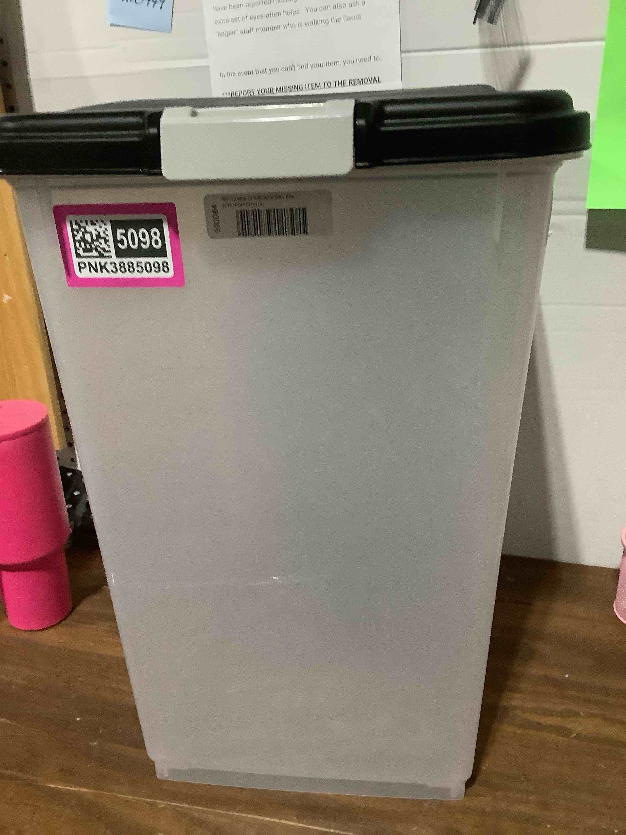 Condition photo showing As Is for no wheels no scoop Amazon Basics Airtight Dog Food Storage Container with Scoop and Wheels, 69 QT, Gray