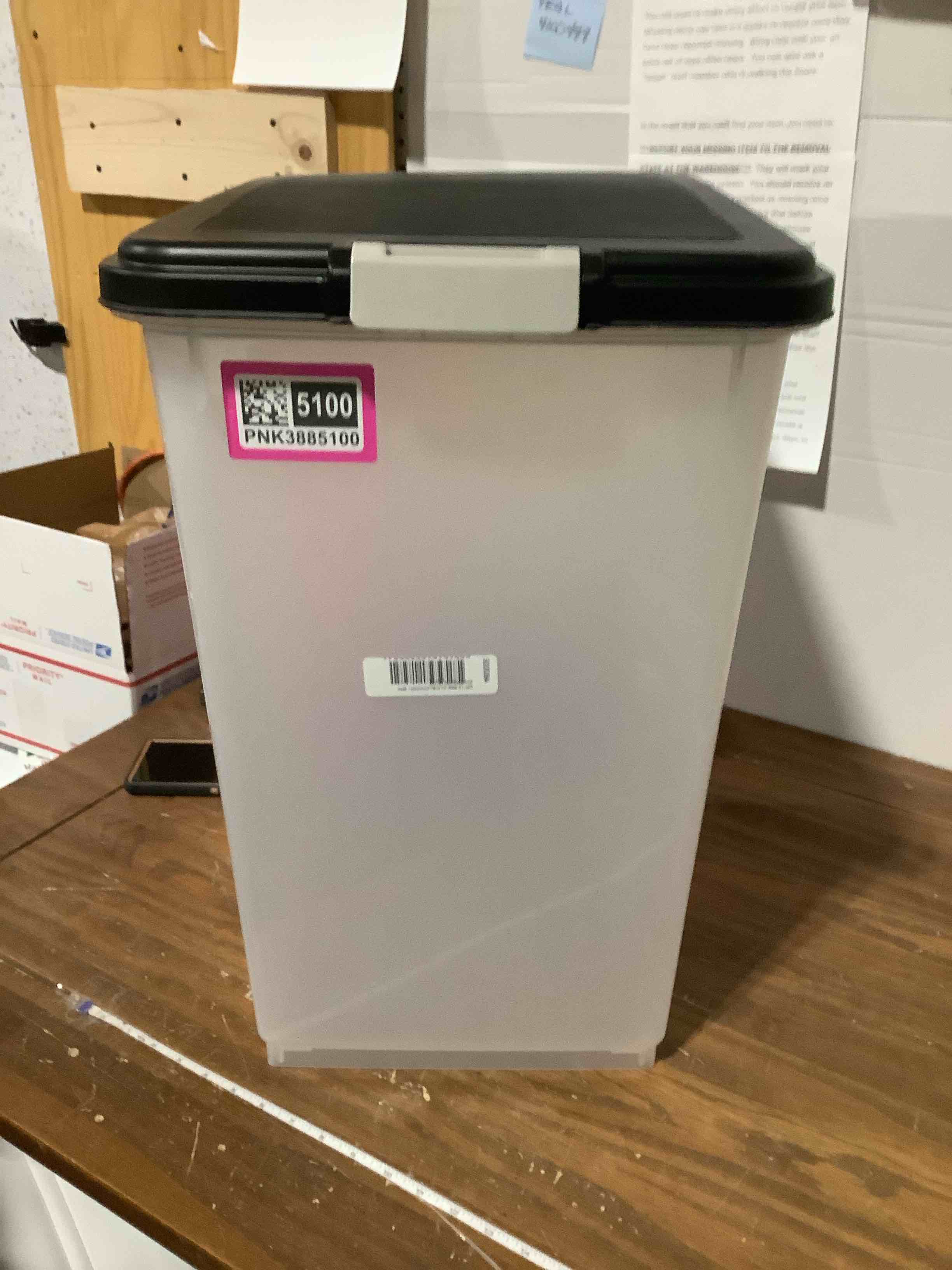 Condition photo showing As Is for Amazon Basics Airtight Dog Food Storage Container with Scoop and Wheels, 69 QT, Gray