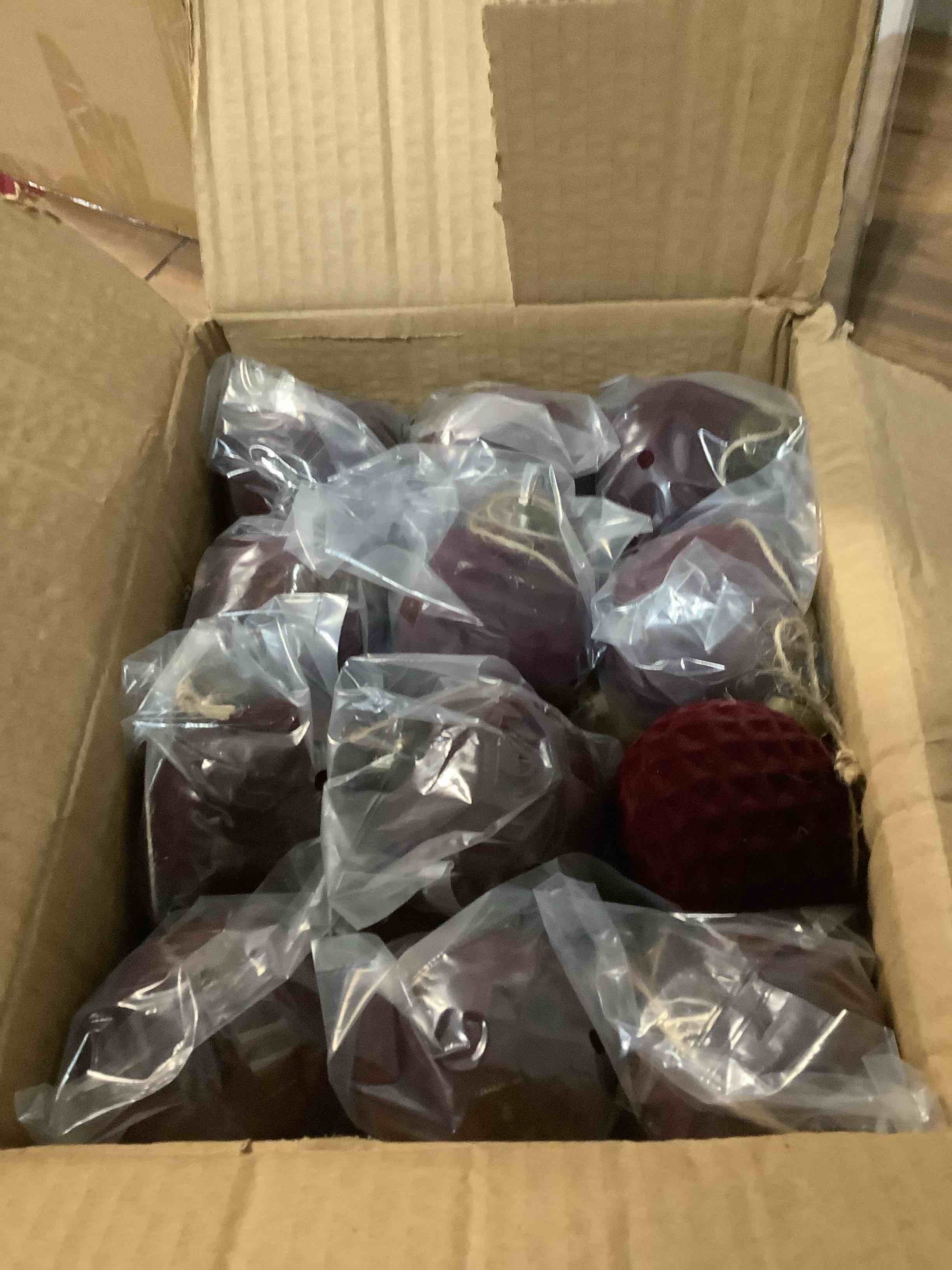 Condition photo showing Good Condition for 24 Pcs Light Scented Velvet Christmas Balls Bulk Winter Fir Scent Flocked Christmas Tree Ball Ornaments Hanging Baubles for Xmas Holiday Home Gift Yard Decor (Burgundy 3.15 Inch) Burgundy 3.15”