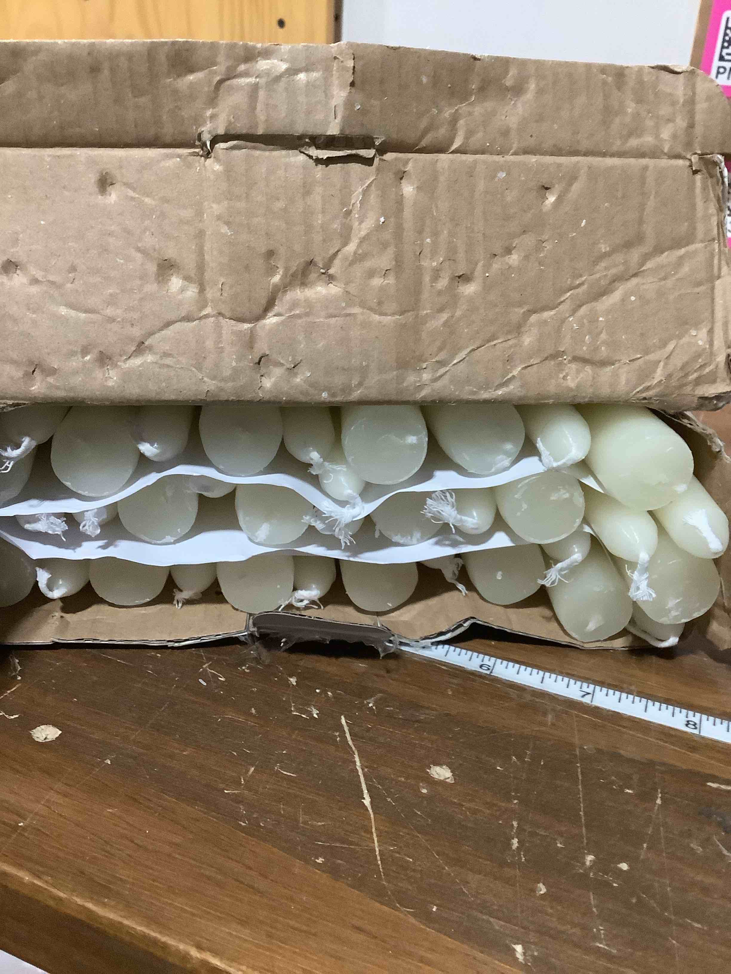 Condition photo showing Good Condition for 36 Pack Ivory White Taper Candles, 7-8 Hours Burn Time, Unscented, Smokeless and Dripless, 0.8 x 10 Inch Dinner Candle Set for Household, Wedding, Party and Home Décor Candlesticks