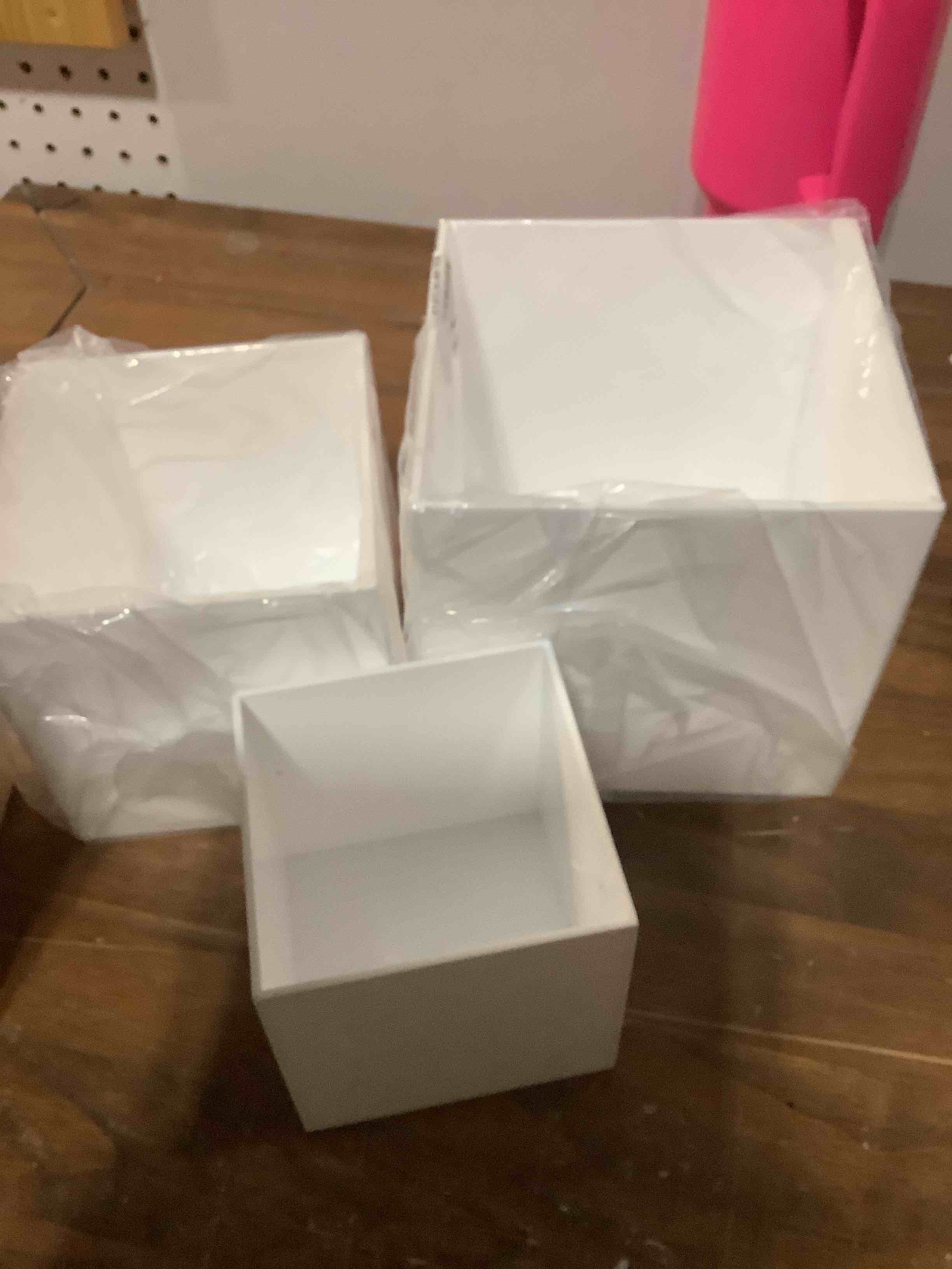 Condition photo showing Good Condition for Glossy White Acrylic Cubes Display Nesting Risers,for displays and photography,displaying jewelry, cosmetics, figures,for retail counter,exhibition, Set of 3(4",5",6" cubes) (Glossy White)