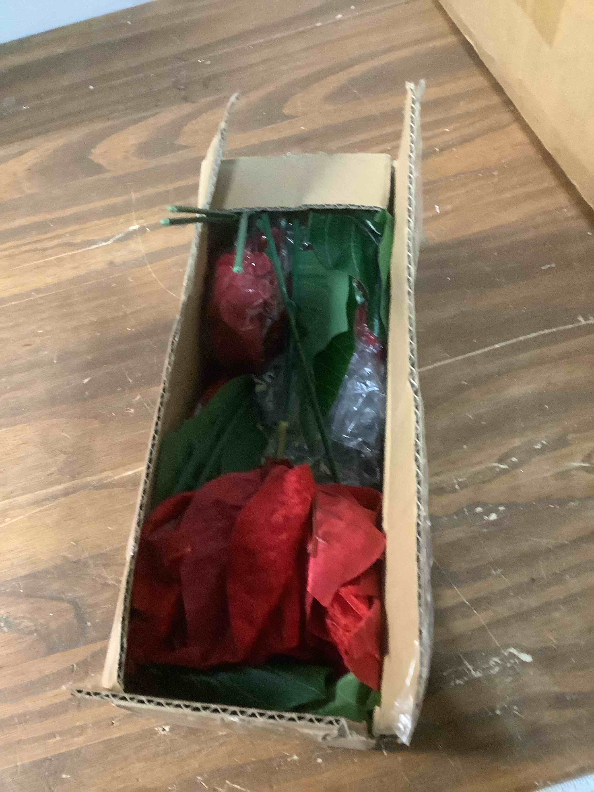 Condition photo showing Good Condition for Poinsettias Artificial Christmas Flowers 9.8" Large Heads 6 Pack 16.9" Bouquet Red Faux Velvet Flower for Xmas Tree Home Christmas Decorations Red Flowers Head 9.8"
