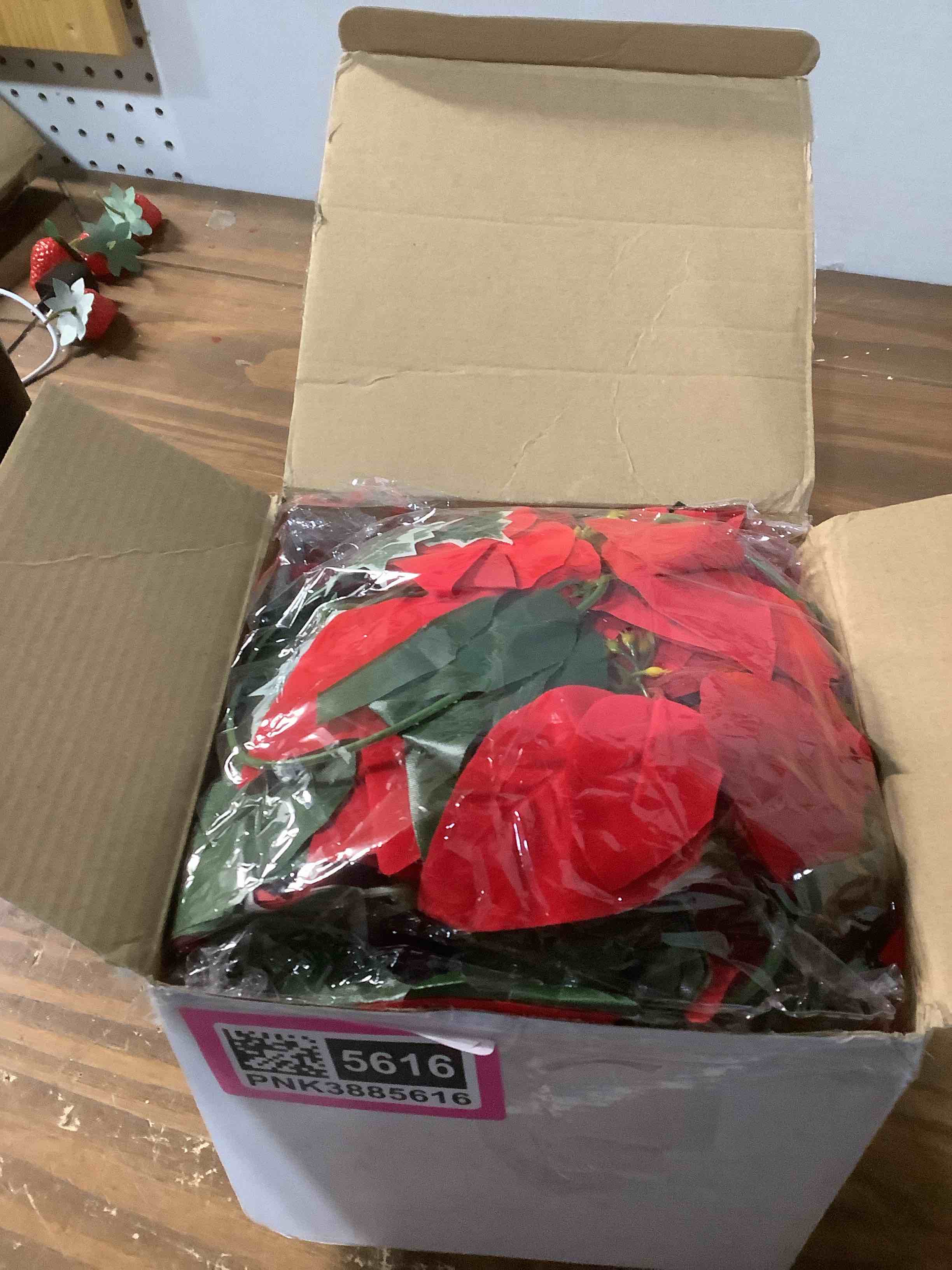 Condition photo showing Good Condition for Crowye 6 Pcs Christmas Poinsettia Garland with Holly Leaves Artificial Poinsettia Flower Vines Xmas Rattan Ornament for Mantle Fireplace Table Indoor Outdoor Garland Christmas Decor Red Poinsettia 6