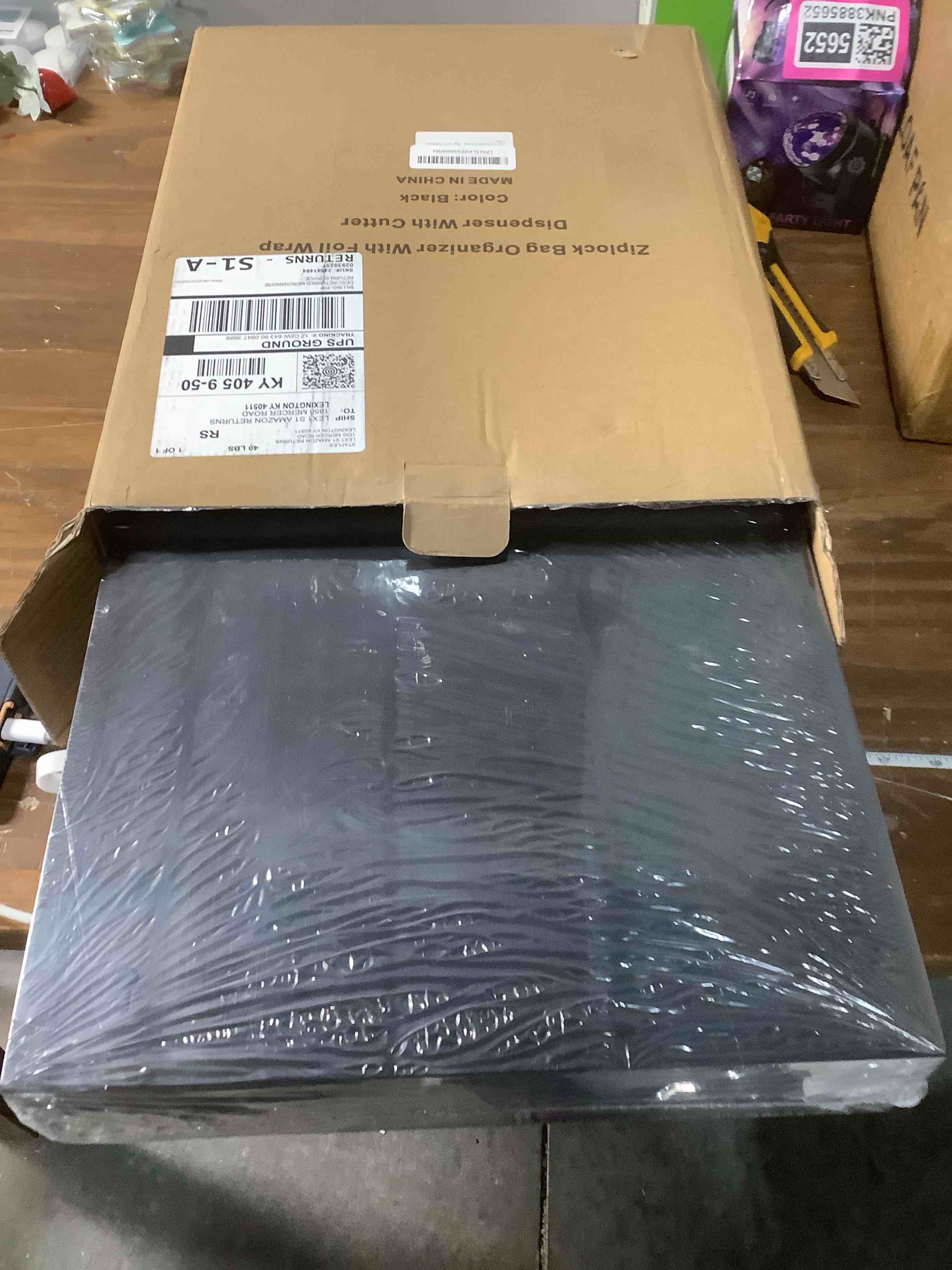 Condition photo showing New/Like New for Cozee Bay Bamboo Food Bag Organizer with Foil and Plastic Wrap Organizer, Kitchen Drawer Organizer, Wrap Dispenser with Cutter, for Gallon, Quart, Sandwich, Snack Bags and 12" Roll (Black)