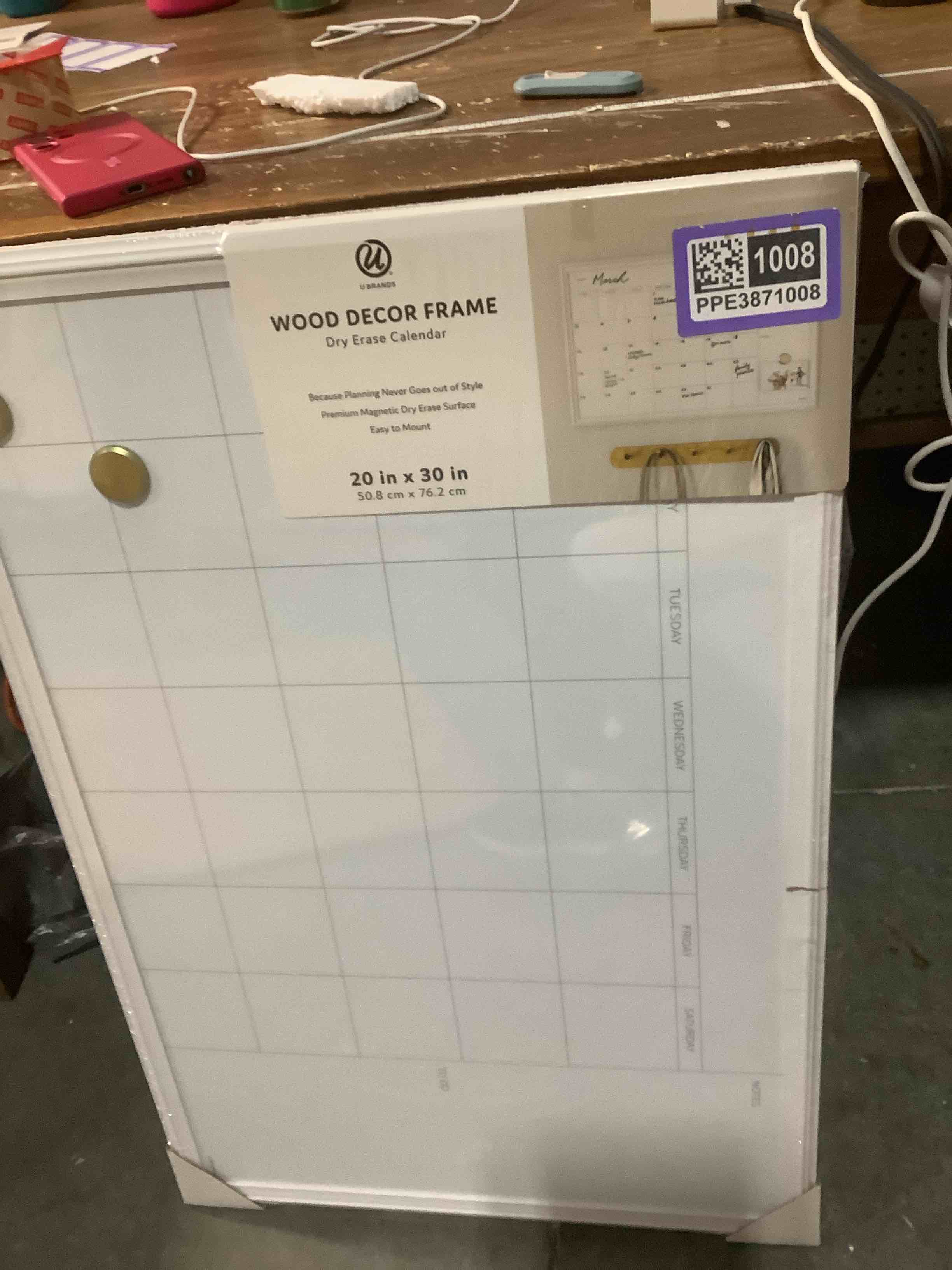 Condition photo showing As Is for U Brands Farmhouse Dry Erase Calendar White Board with White Frame Set, Office Supplies, with Magnet