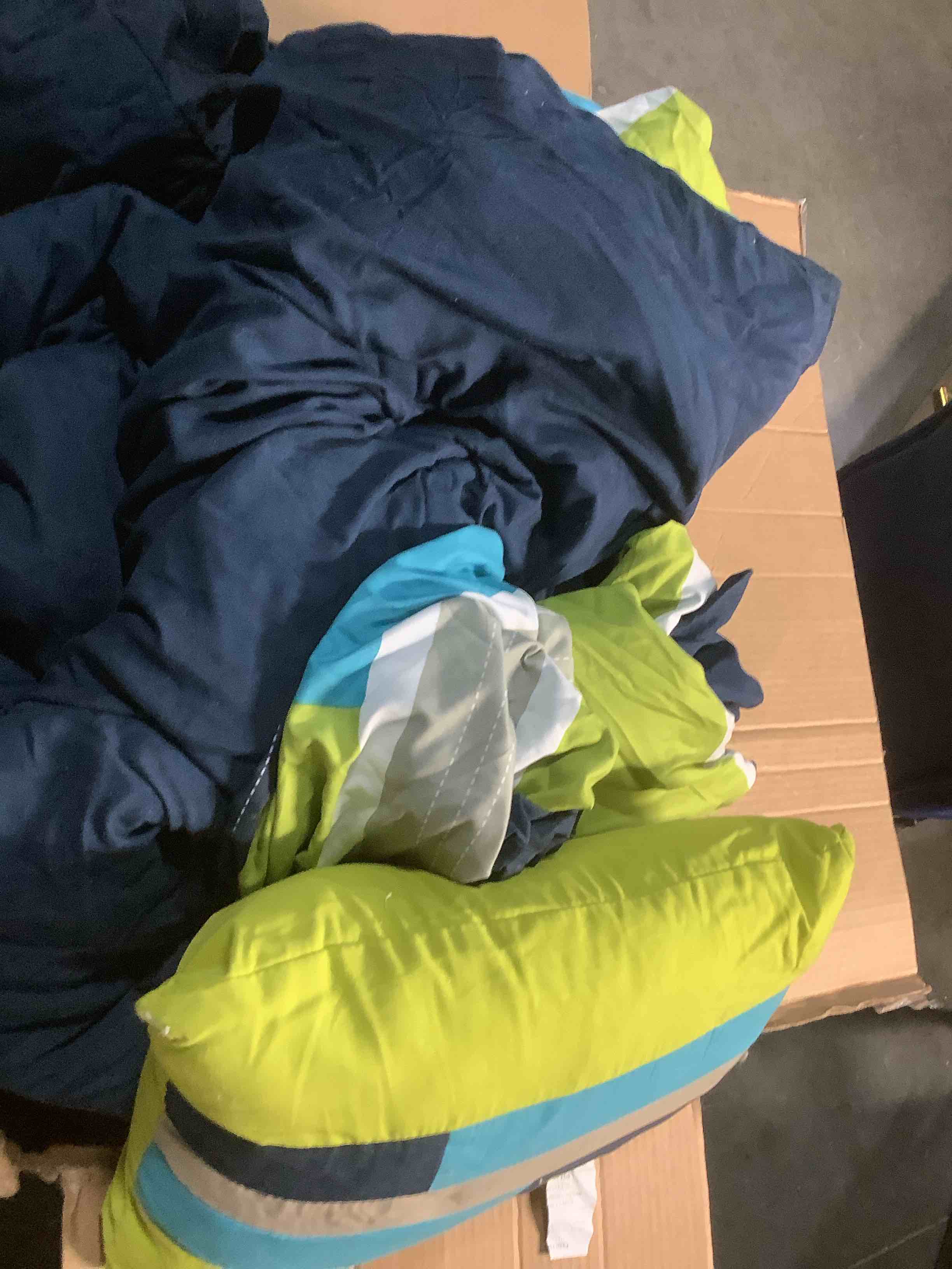 Condition photo showing As Is for Comfort Spaces Casual Comforter Set Sporty Design, Vibrant Color, Active Lifestyle Boys Bedroom Décor, All Season Soft Microfiber Bedding Set, Decorative Pillow, Sham Navy/Blue Queen 4 Piece