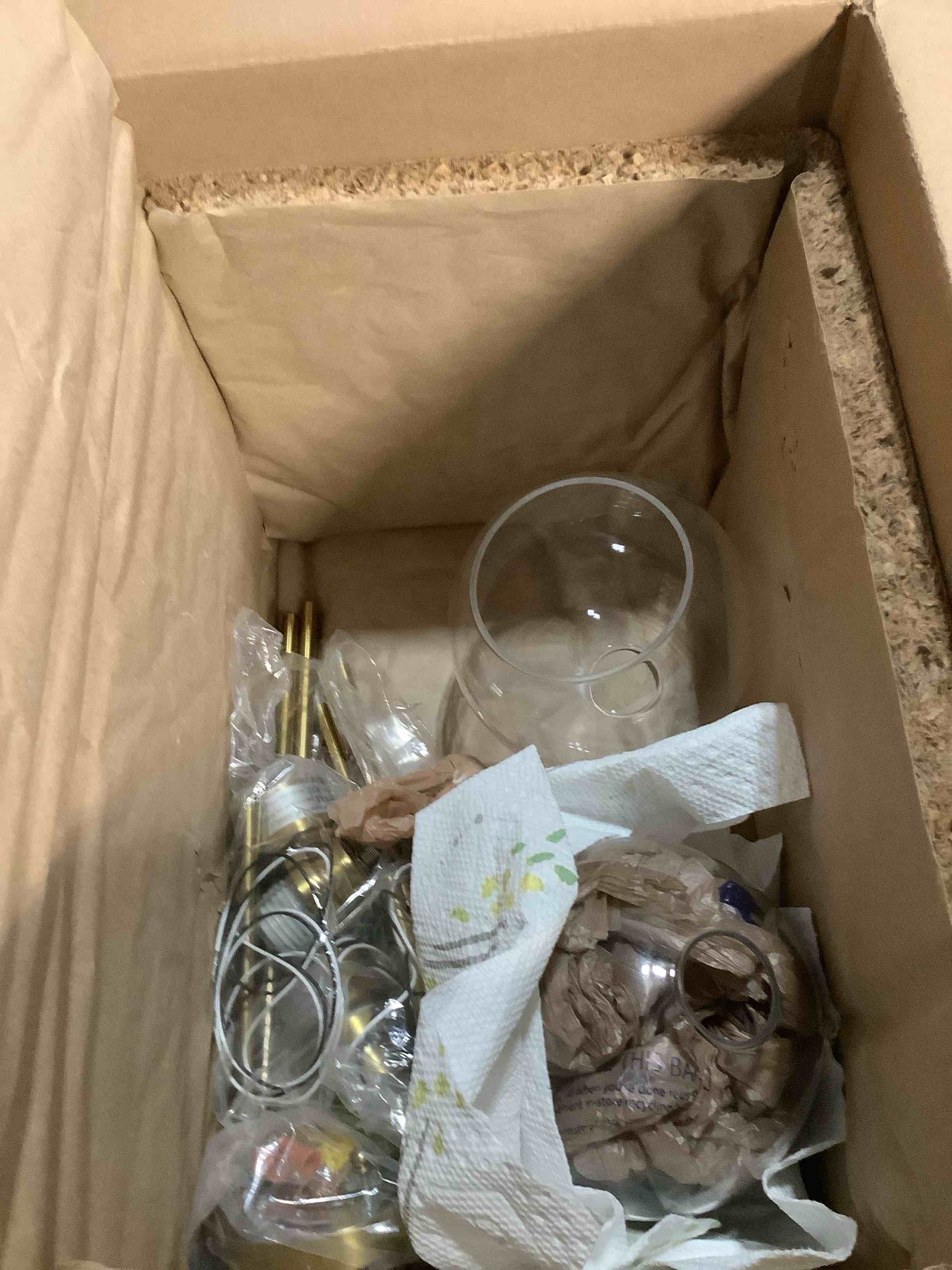 Condition photo showing As Is for Audickic Brass Pendant Lights Kitchen Island 2 Pack, Farmhouse Gold Pendant Light with Clear Glass Globe Shade, Kitchen Island Lighting for Dining Room Entryway, AD-22280-1P2-GD-C Clear Glass Globe 2-Pack