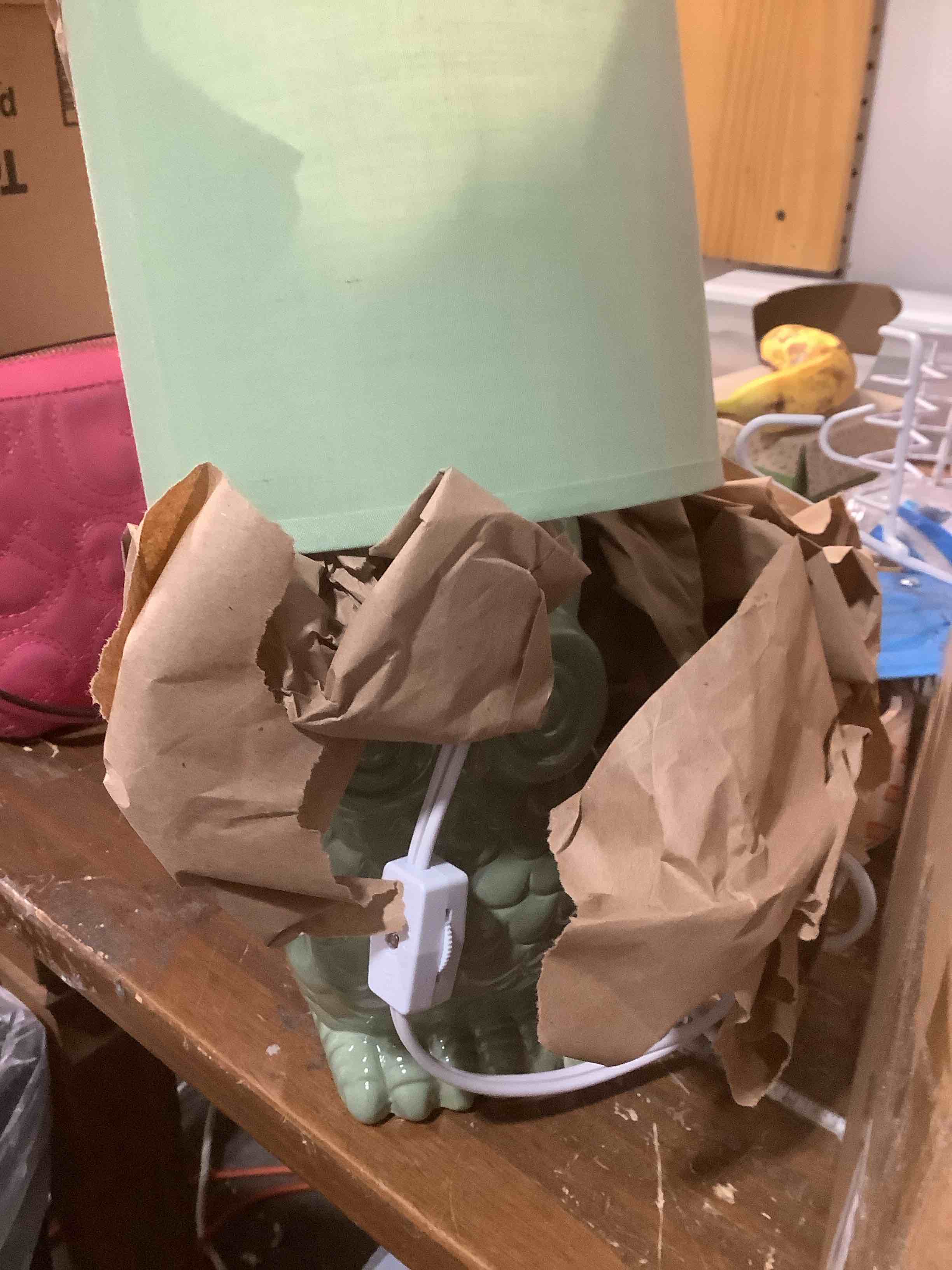 Condition photo showing Good Condition for Simple Designs LT1136-SGE 12.8" Tall Contemporary Ceramic Owl Bedside Table Desk Lamp w Matching Fabric Shade for Decor, Bedroom, Nightstand, Living Room, Entryway, Kids' Room, Nursery, Sage Green