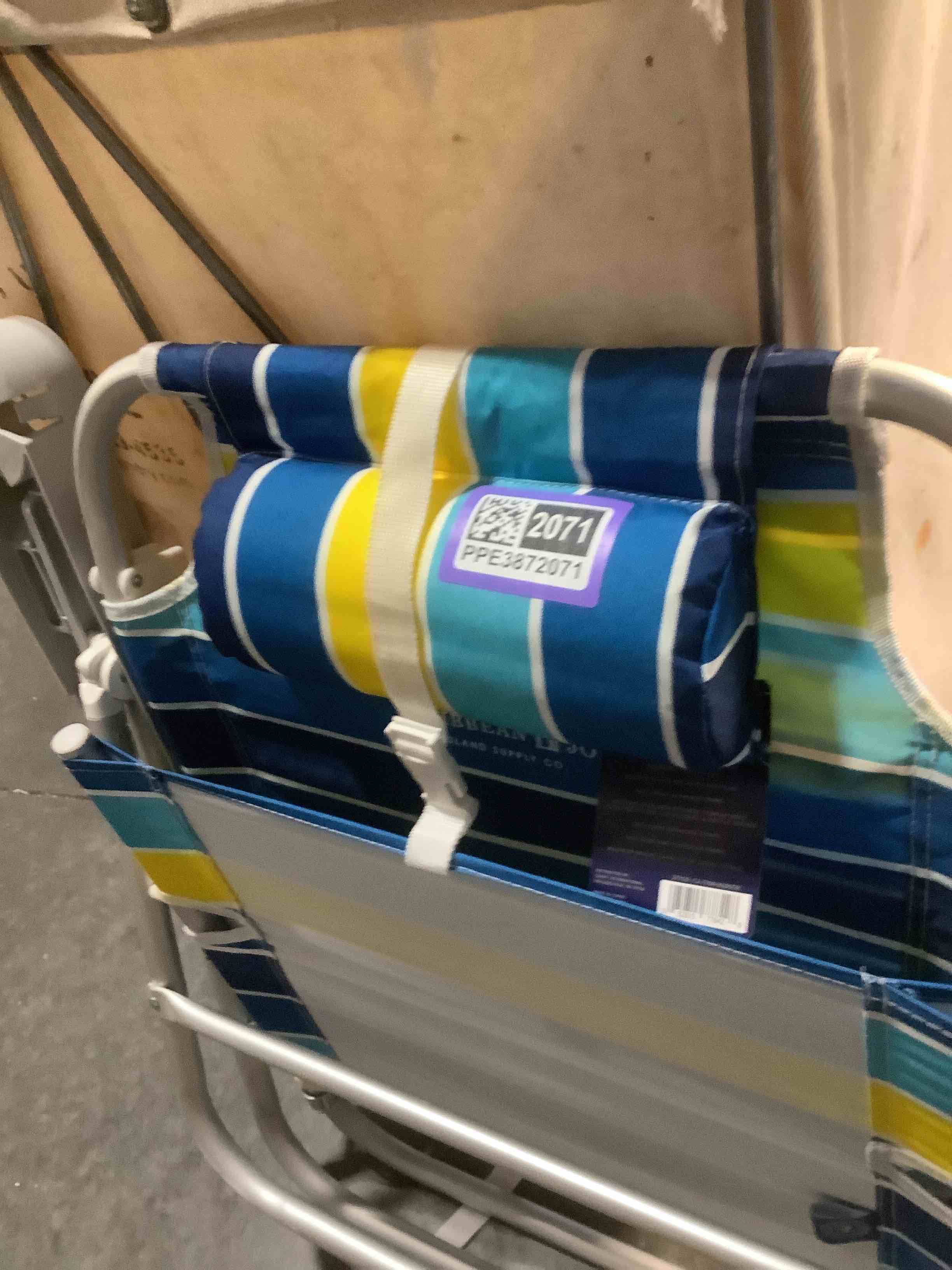 Condition photo showing Good Condition for Folding Beach Chair, 5 Position Portable Backpack Foldable Camping Chair with Headrest and Cup Holder Armrests, Bold Stripe