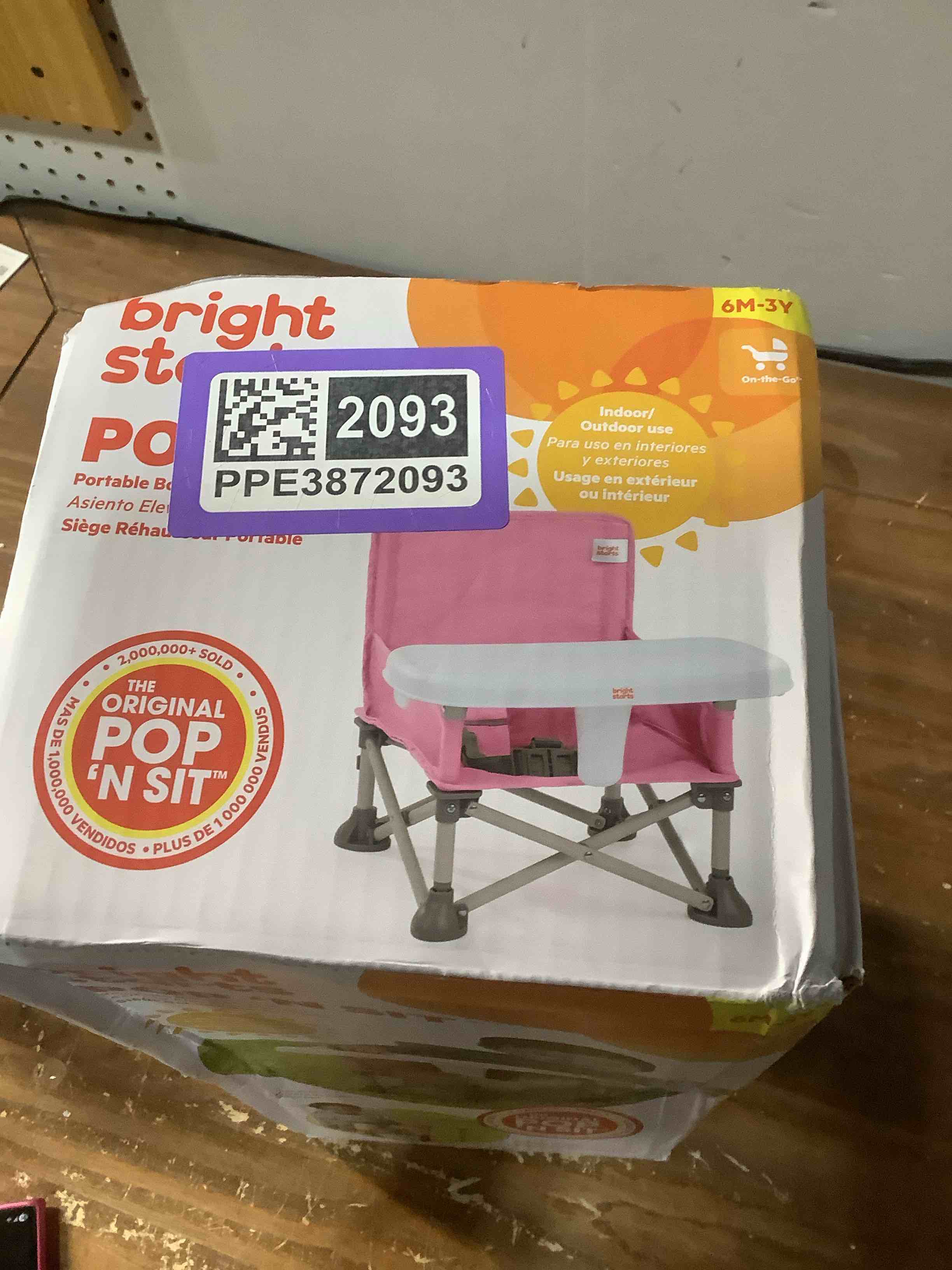 Condition photo showing New/Like New for Bright Starts Pop 'N Sit Portable Booster, Indoor/Outdoor Use, Floor Seat with Feeding Tray, Pink, 6 Mos - 3 Yrs Pink 1 Count (Pack of 1)