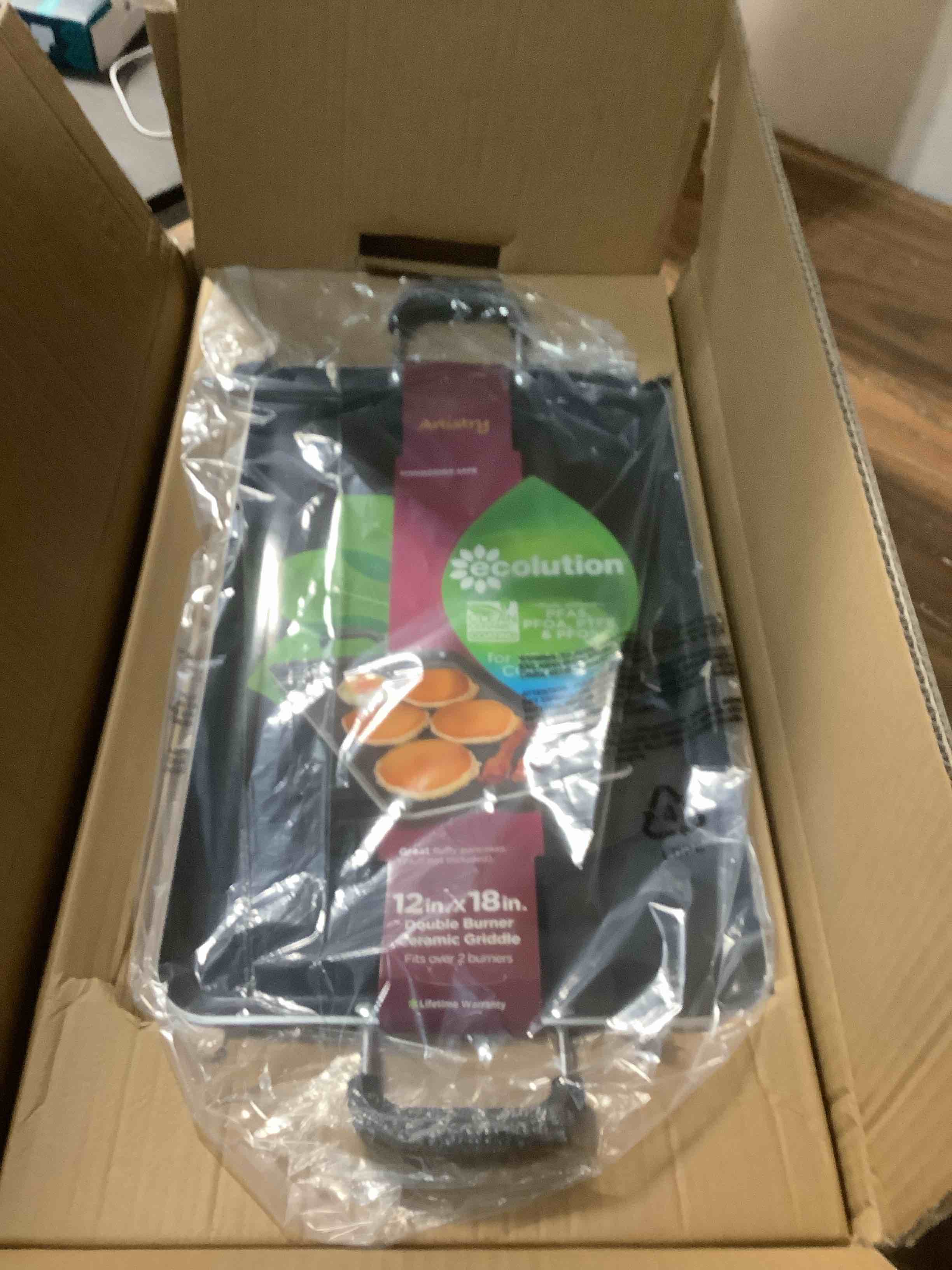 Condition photo showing New/Like New for Ecolution Artistry Non-Stick Double Burner Griddle Pan 12” x 18”  Dishwasher Safe  Silicone Handles  Specialty Cookware for Family