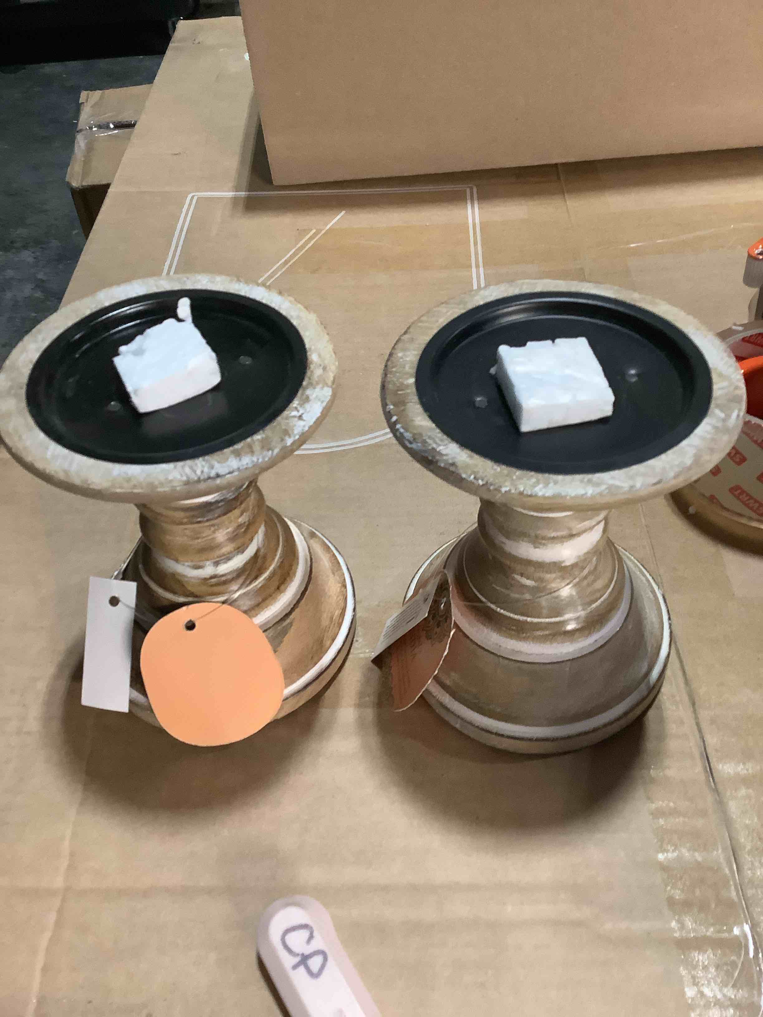 Condition photo showing Good Condition for Deco 79 Mango Wood Solid Candle Holder, Set of 2 6"H, 5"W, Brown