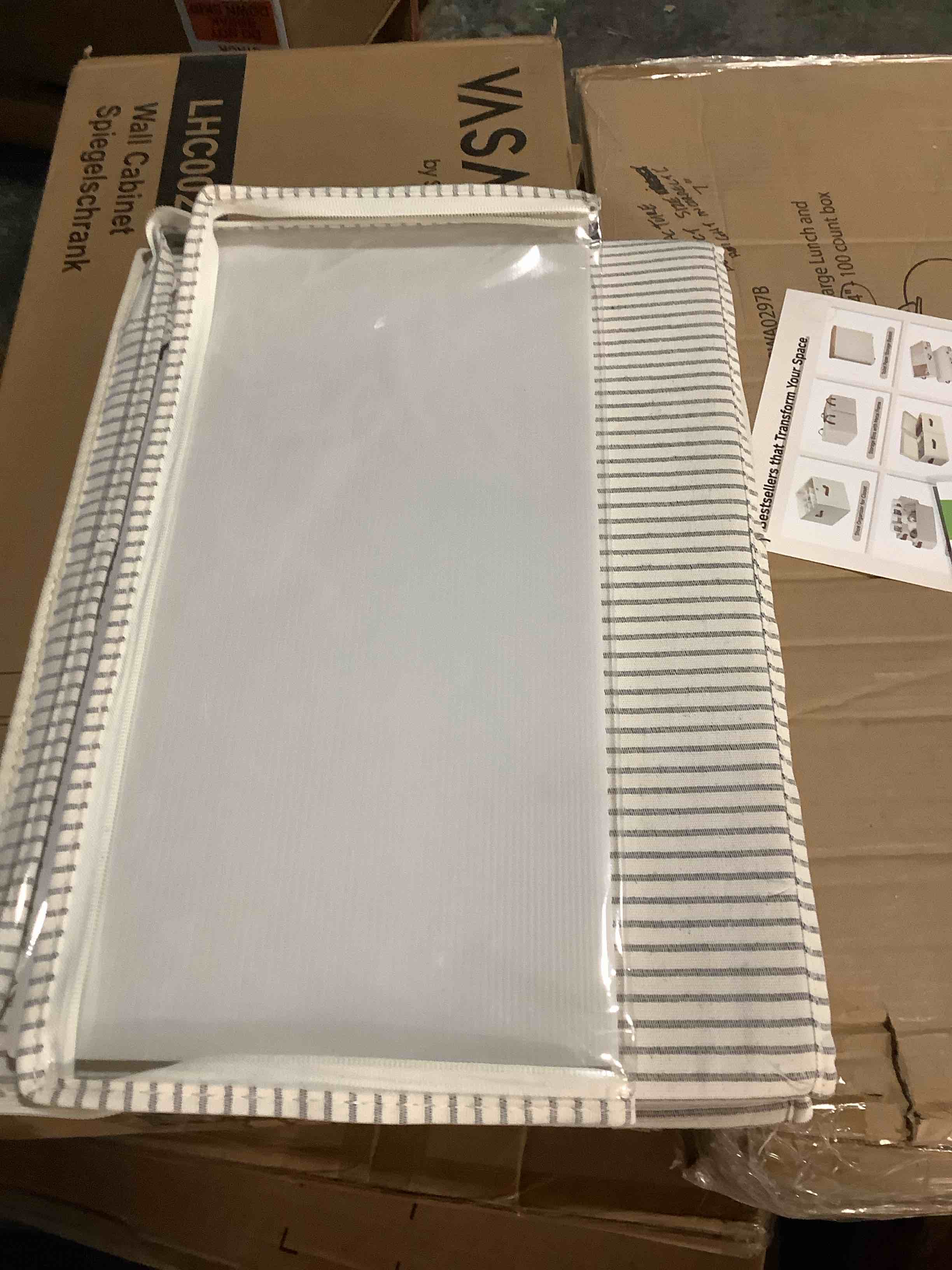 Condition photo showing Good Condition for StorageWorks Shoe Organizer for Closet, Fits up to 16 Pairs, Shoe Cubby Storage Containers with Adjustable Dividers and Clear Cover, Gray and White Stripes