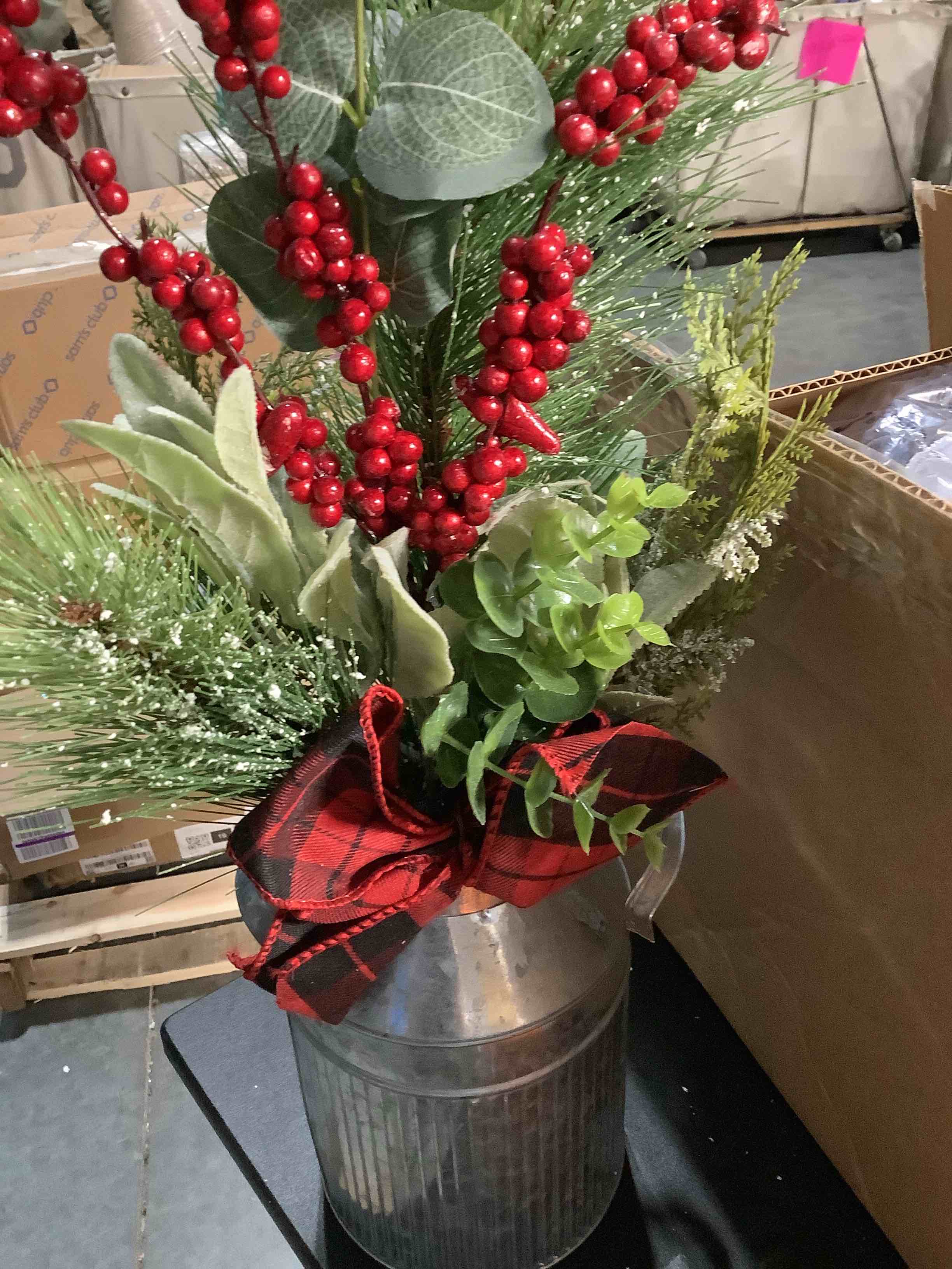 Condition photo showing Good Condition for Nearly Natural 20in. Holiday Winter Greenery, Pinecone and Berries with Buffalo Plaid Bow Artificial Christmas Table Arrangement