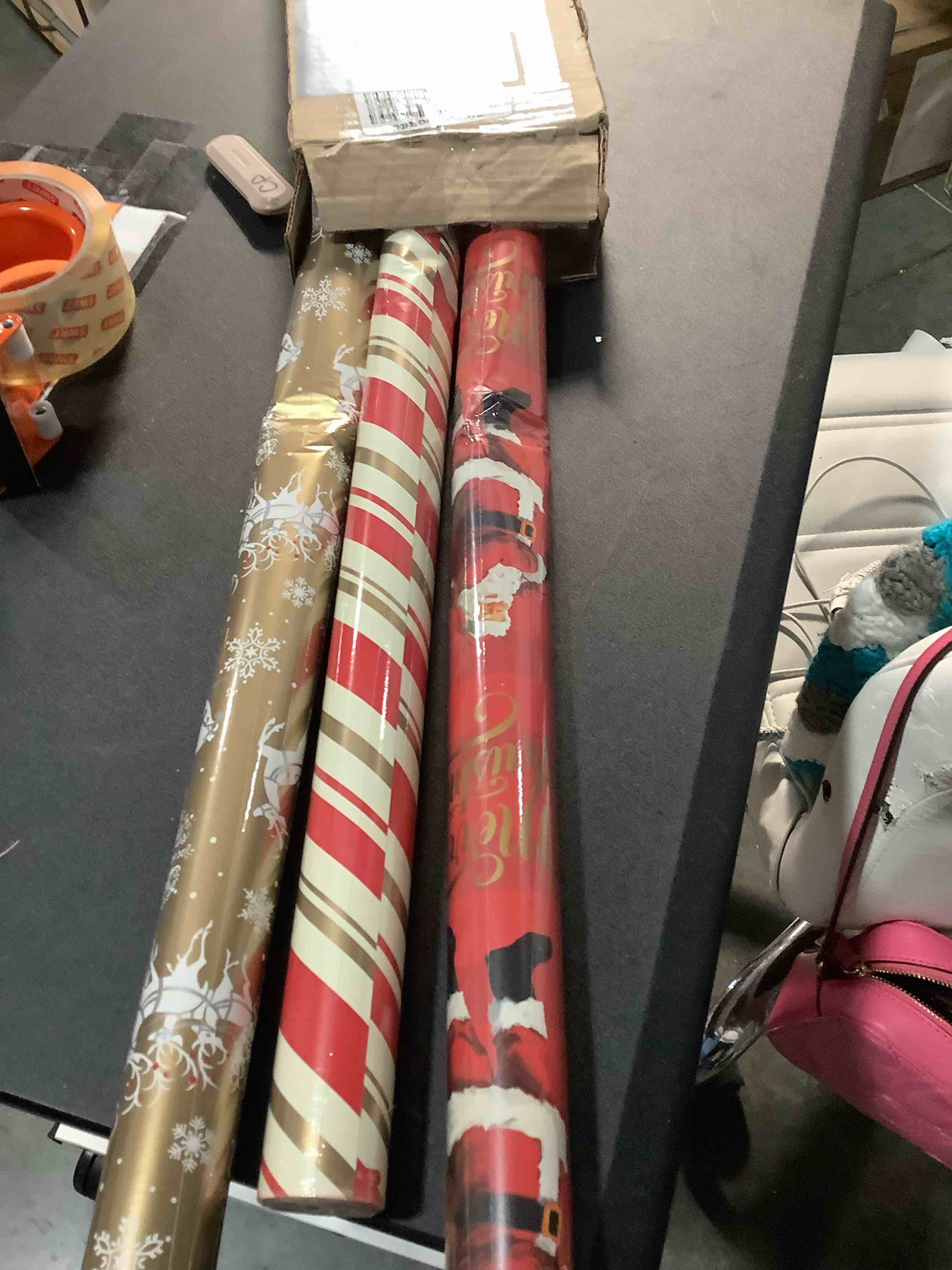 Condition photo showing Good Condition for Hallmark Christmas Wrapping Paper Rolls - Traditional Holiday Gift Wrap Paper (Set of 3 Reversible Rolls: 120 sq. ft. Ttl) Red and Gold Snowflakes, Stripes, Plaid, Santa's Sleigh