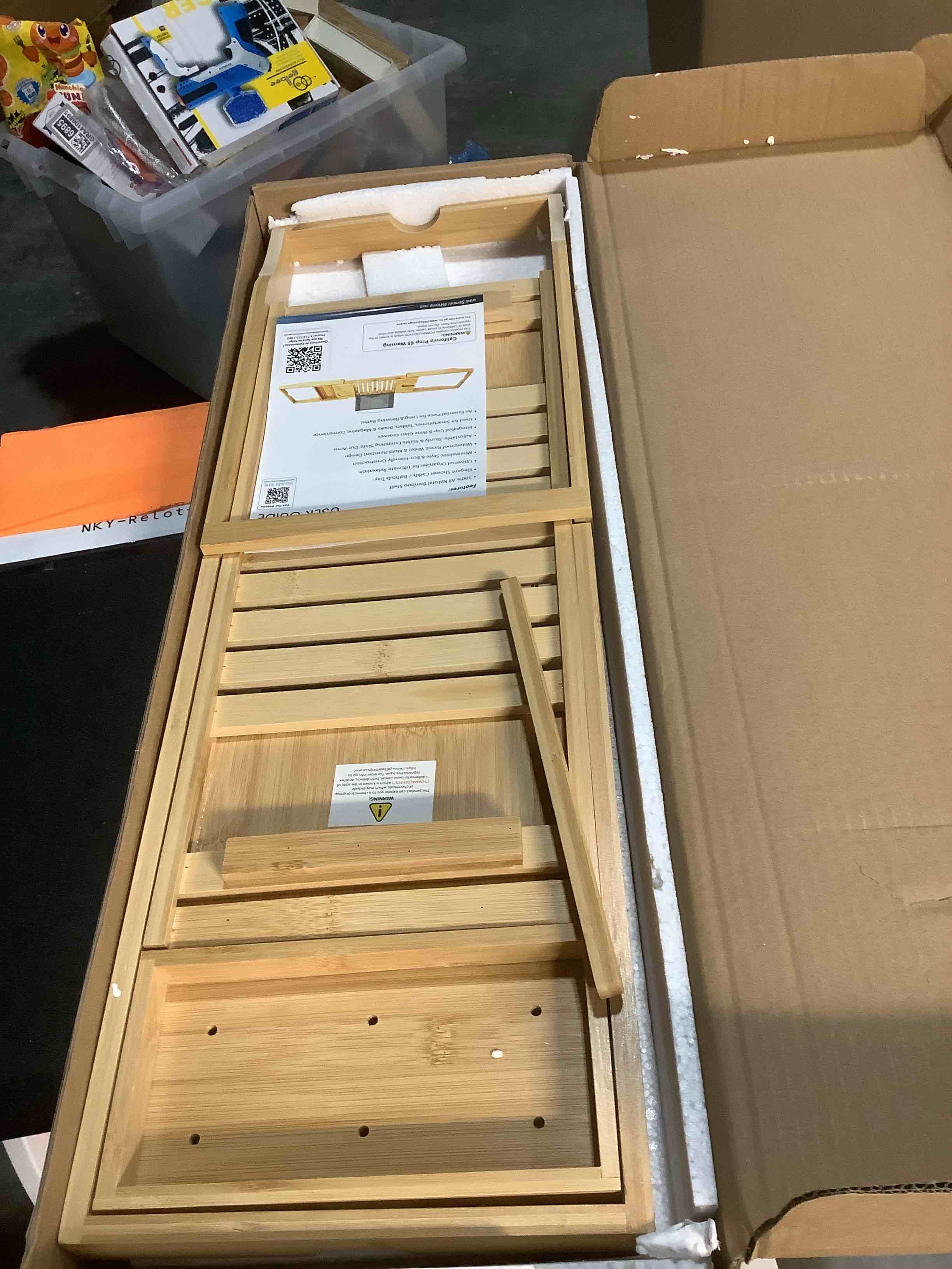 Condition photo showing Good Condition for SereneLife Luxury Bamboo Bathtub Caddy Tray - Adjustable Natural Wood Bath Tub Organizer with Wine Holder, Cup Placement, Soap Dish, Book Space & Phone Slot for Spa, Bathroom & Shower - SLBCAD20 1) Classic Legacy