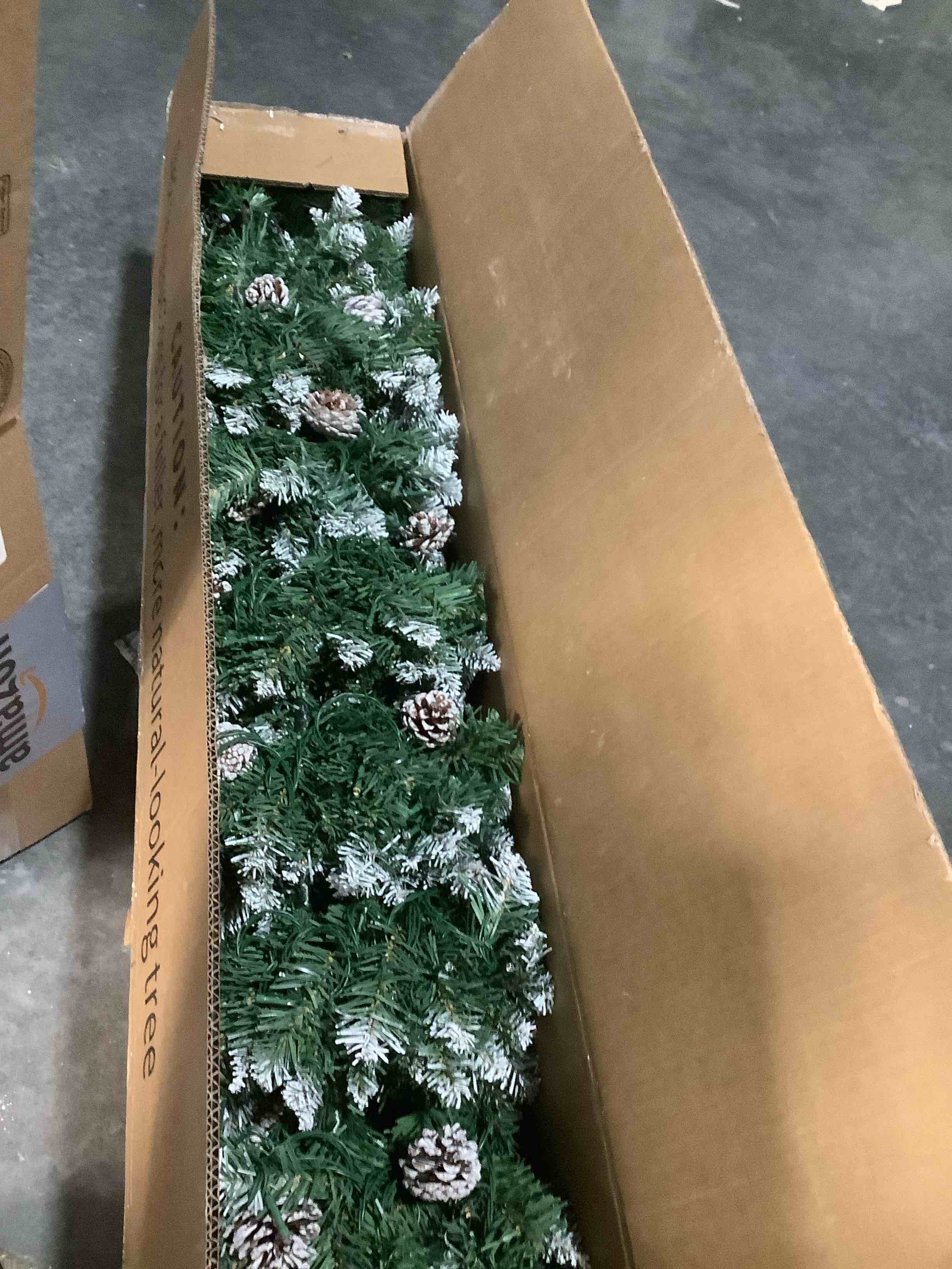 Condition photo showing Good Condition for YITAHOME 7.5FT Pre-Decorated Pencil Christmas Tree w/Remote, Partially Flocked & Frosted Slim Prelit Hinged Xmas Tree w/ 1075 Tips, 68 Pine Cones, 350 Warmwhite & Multicolor Lights, 11 Modes Green With Partially Flocked 7ft 6in