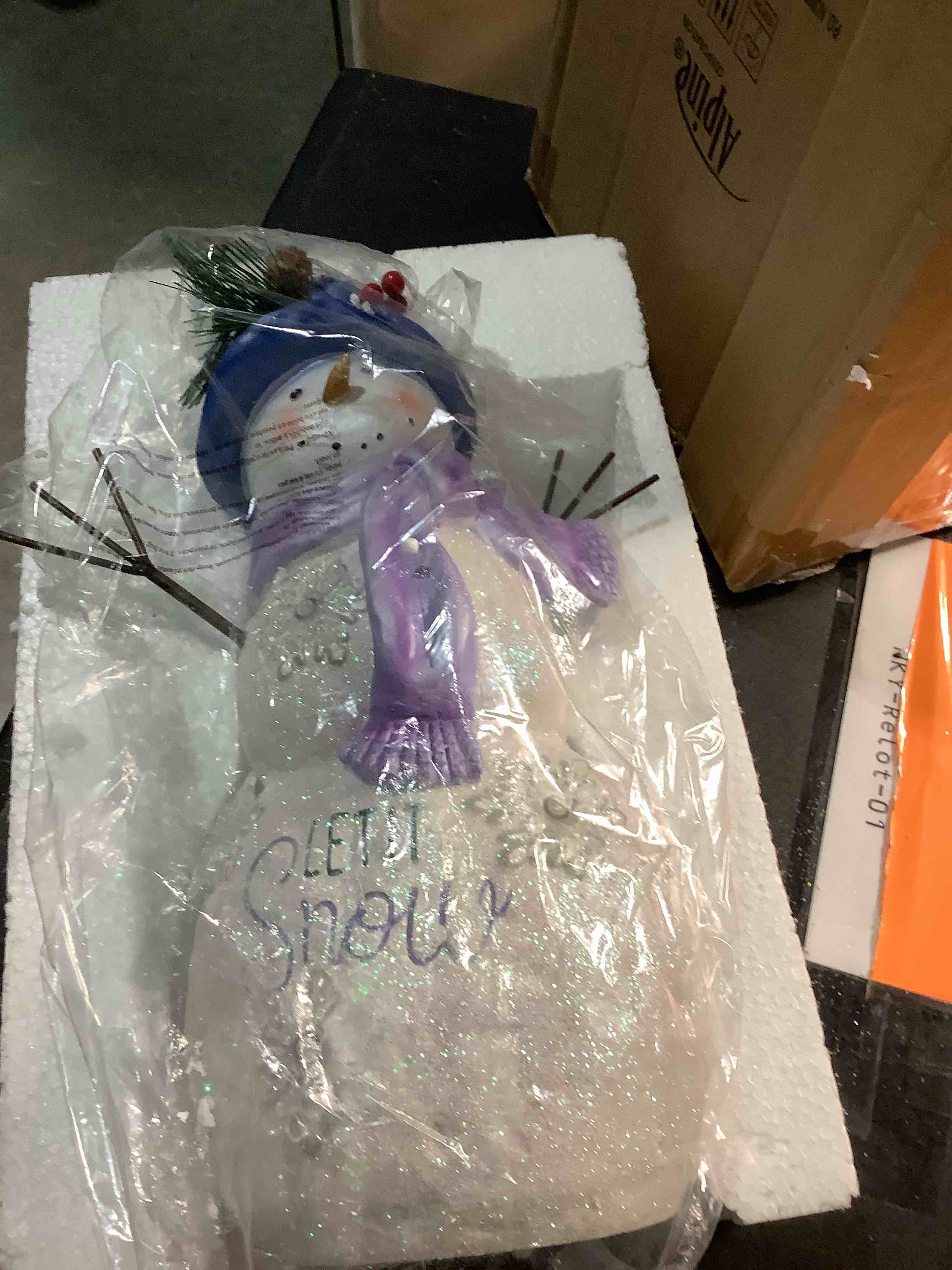 Condition photo showing Good Condition for Alpine Corporation 14”H Lavender Winter "Let It Snow" Snowman Statue with Fading LED Lights, Christmas Decor Multicolor