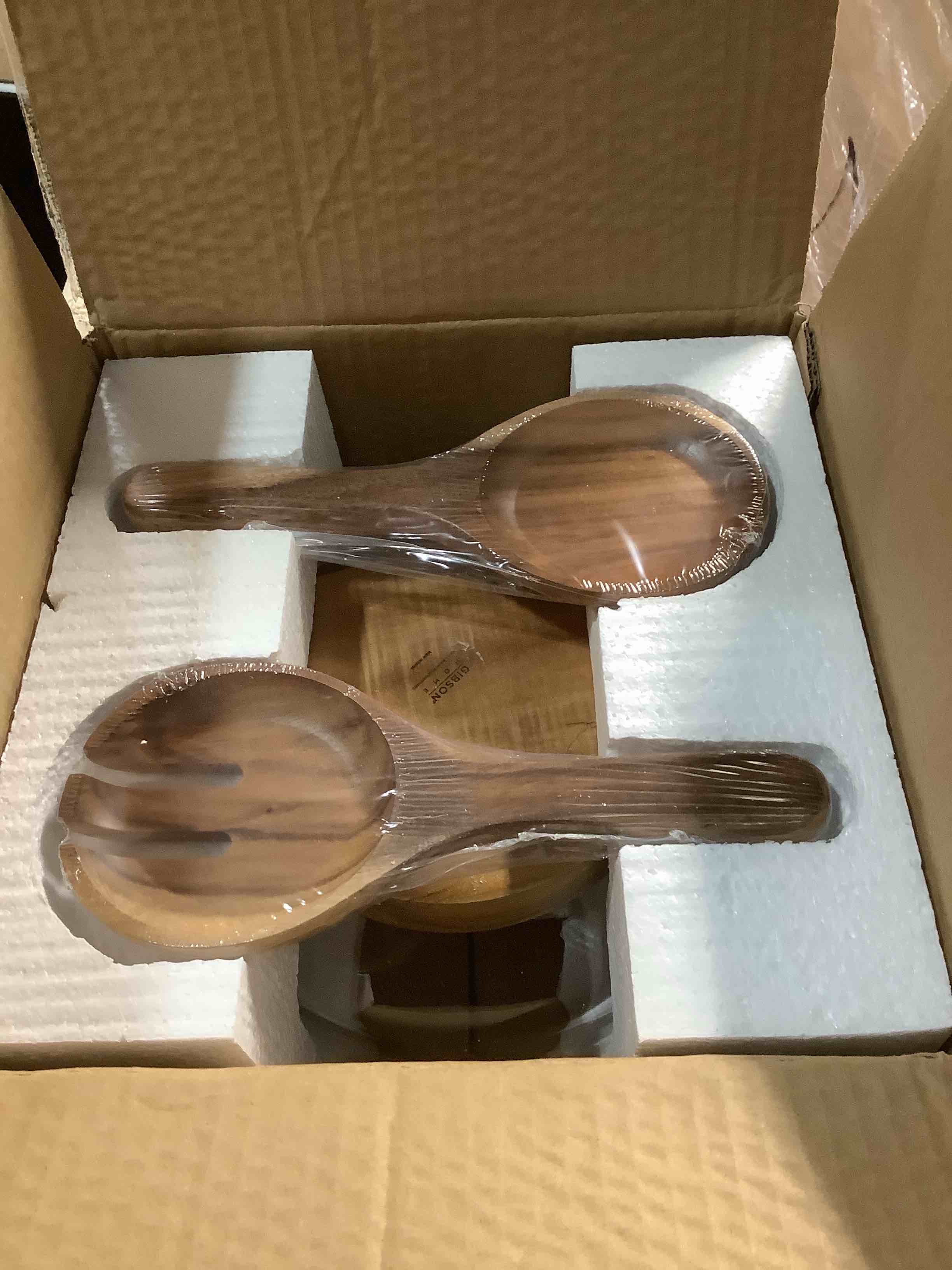 Condition photo showing Good Condition for Gibson Elite Wildgreens Large Glass Salad Bowl or Decorative Fruit Bowl Set with Elegant Acacia Wood Base and Acacia Serving Utensils Glass w/ Acacia Wood Base Salad Bowl w/ Acacia Wood Servers
