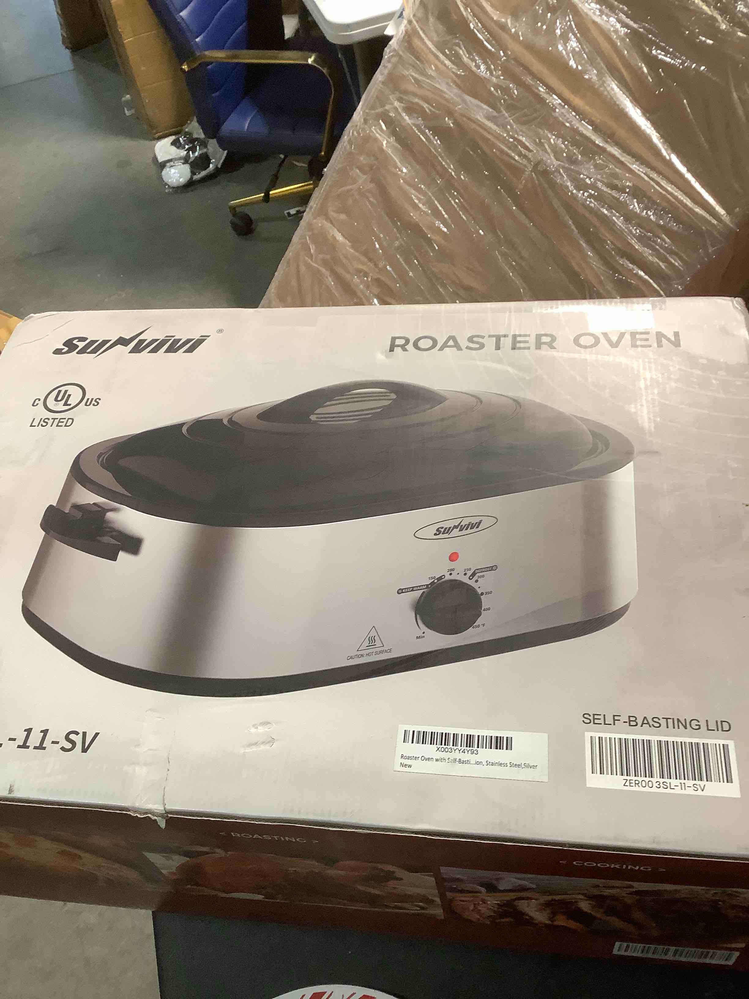 Condition photo showing Good Condition for Sunvivi 28lb 24-Quart Roaster Oven, Electric Roaster Oven with Viewing Lid, Turkey Roaster with Unique Defrost/Warm Function, Large Roaster with Removable Pan & Rack, Stainless Steel, Silver