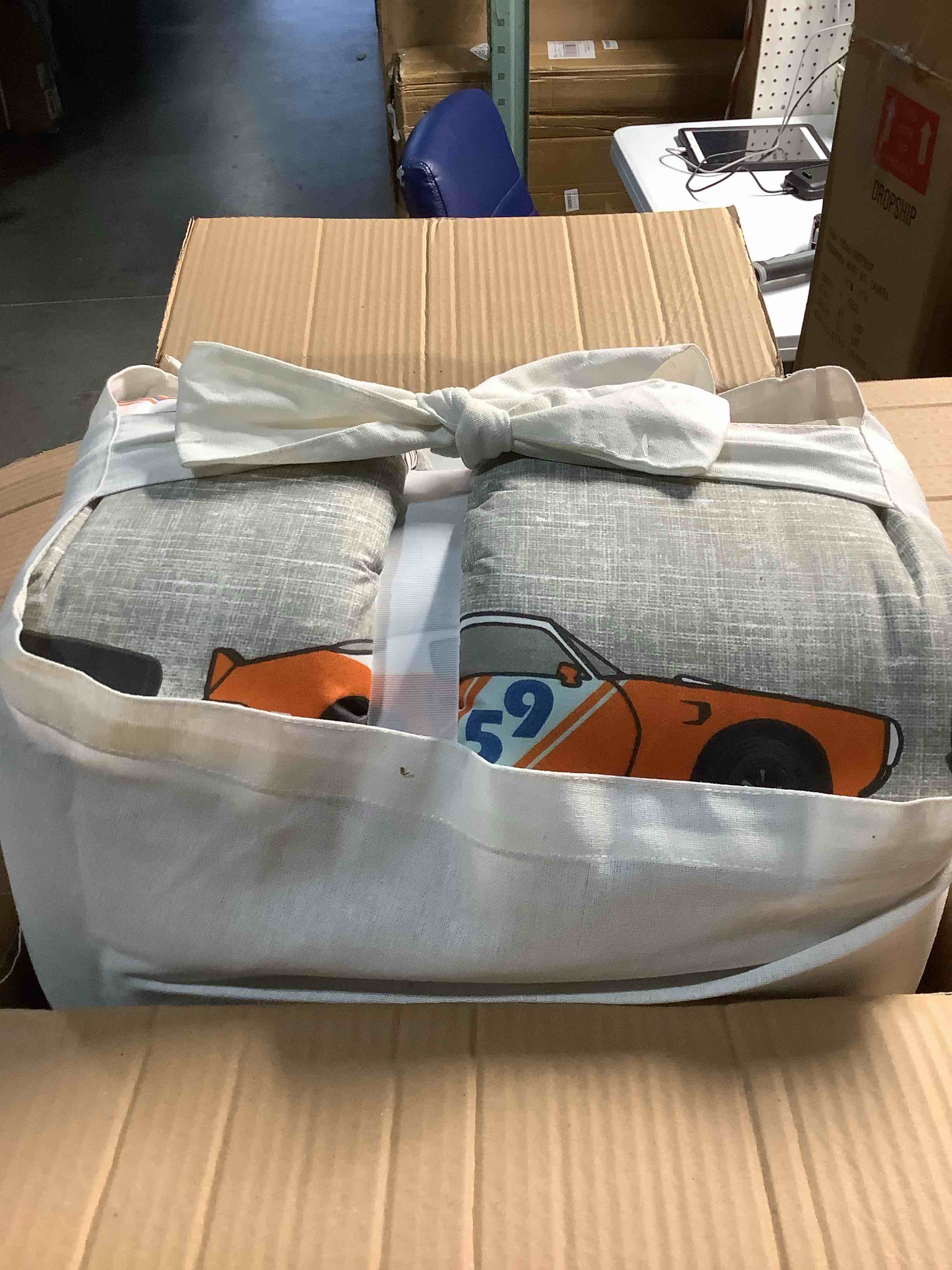 Condition photo showing New/Like New for Lush Decor Race Cars Reversible Oversized With Printed Sheet 7 Piece Comforter Set, Full, Blue & Orange