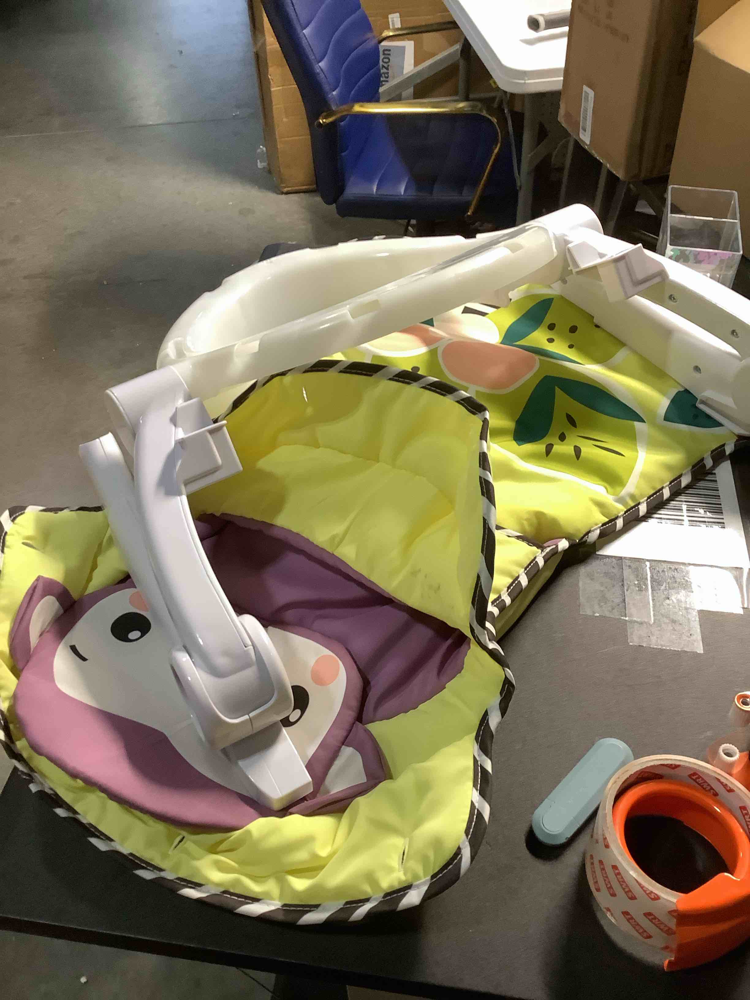 Condition photo showing As Is for Fisher-Price Portable Baby Chair Kick & Play Deluxe Sit-Me-Up Seat with Piano Learning Toy & Tray for Infants to Toddlers, Purple Monkey