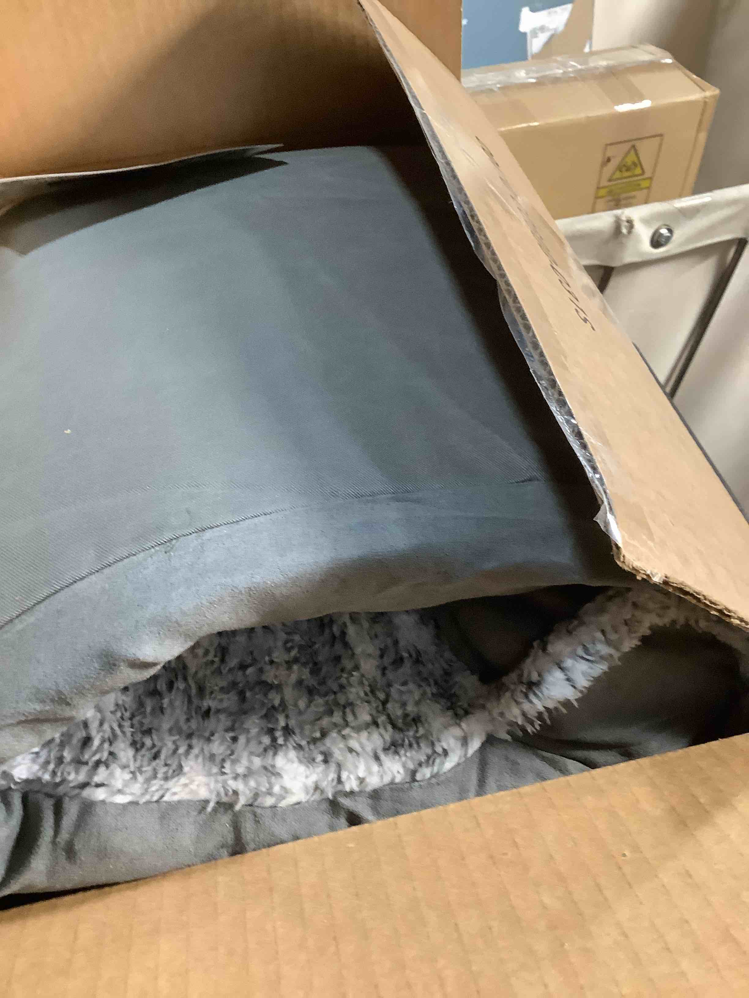 Condition photo showing Good Condition for Furhaven Orthopedic Dog Bed for Large/Medium Dogs w/ Removable Bolsters & Washable Cover, For Dogs Up to 55 lbs - Faux Fur & Velvet Sofa - Smoke Gray, Large Large Smoke Gray
