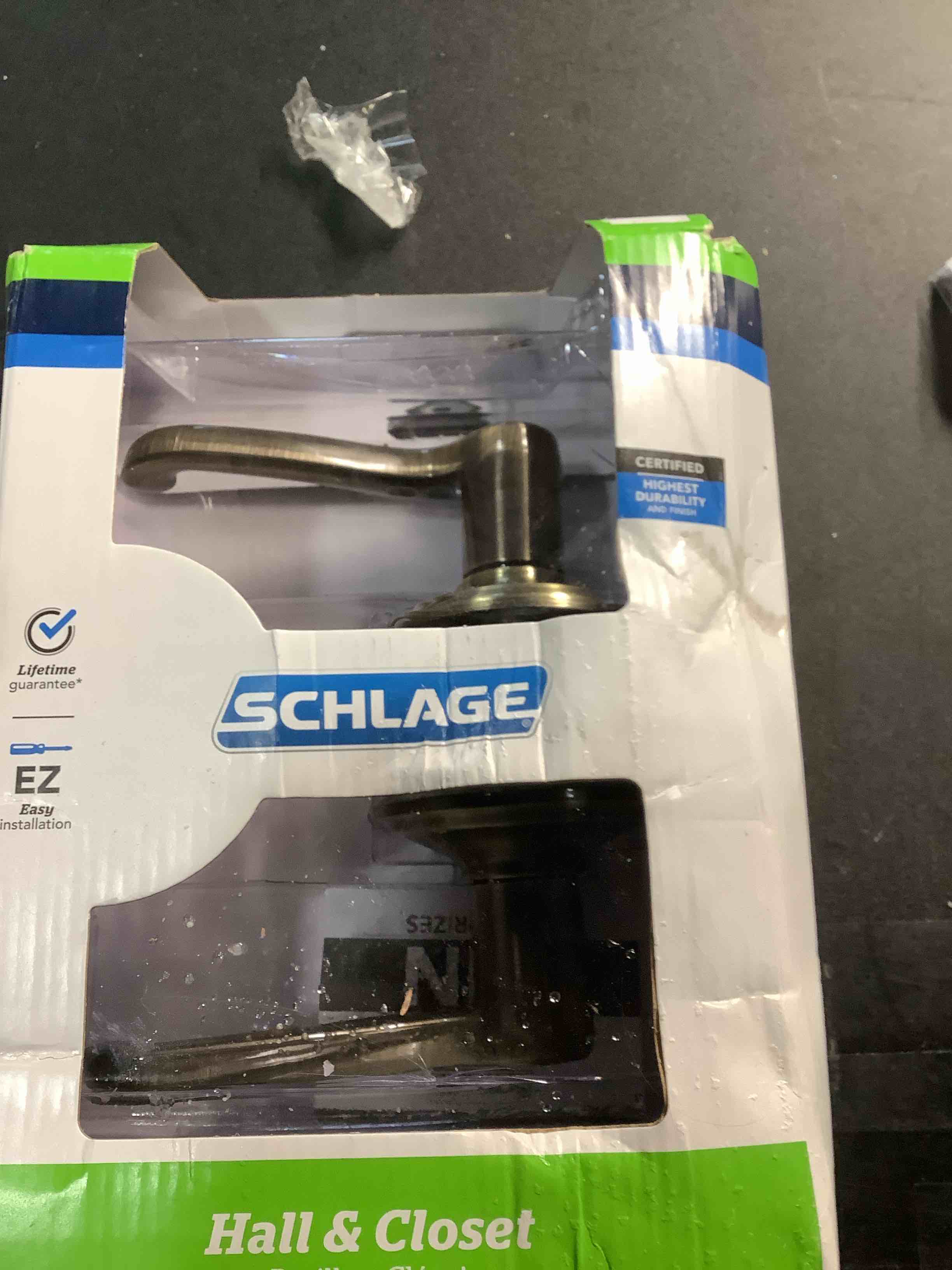 Condition photo showing Good Condition for Schlage F10 V FLA 609 Flair Door Lever, Hall & Closet Passage Lock, Antique Brass